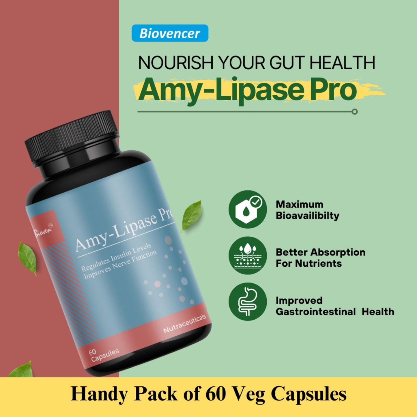 Biovencer Amy-LIpase Pro Capsule | Amylase, Lipase, Protease, Multi-Enzyme Complex Capsule | Better Bioavailability | Supports Digestion & Better Absorption of Food Nutrients | Pack of 60 Veg Capsules