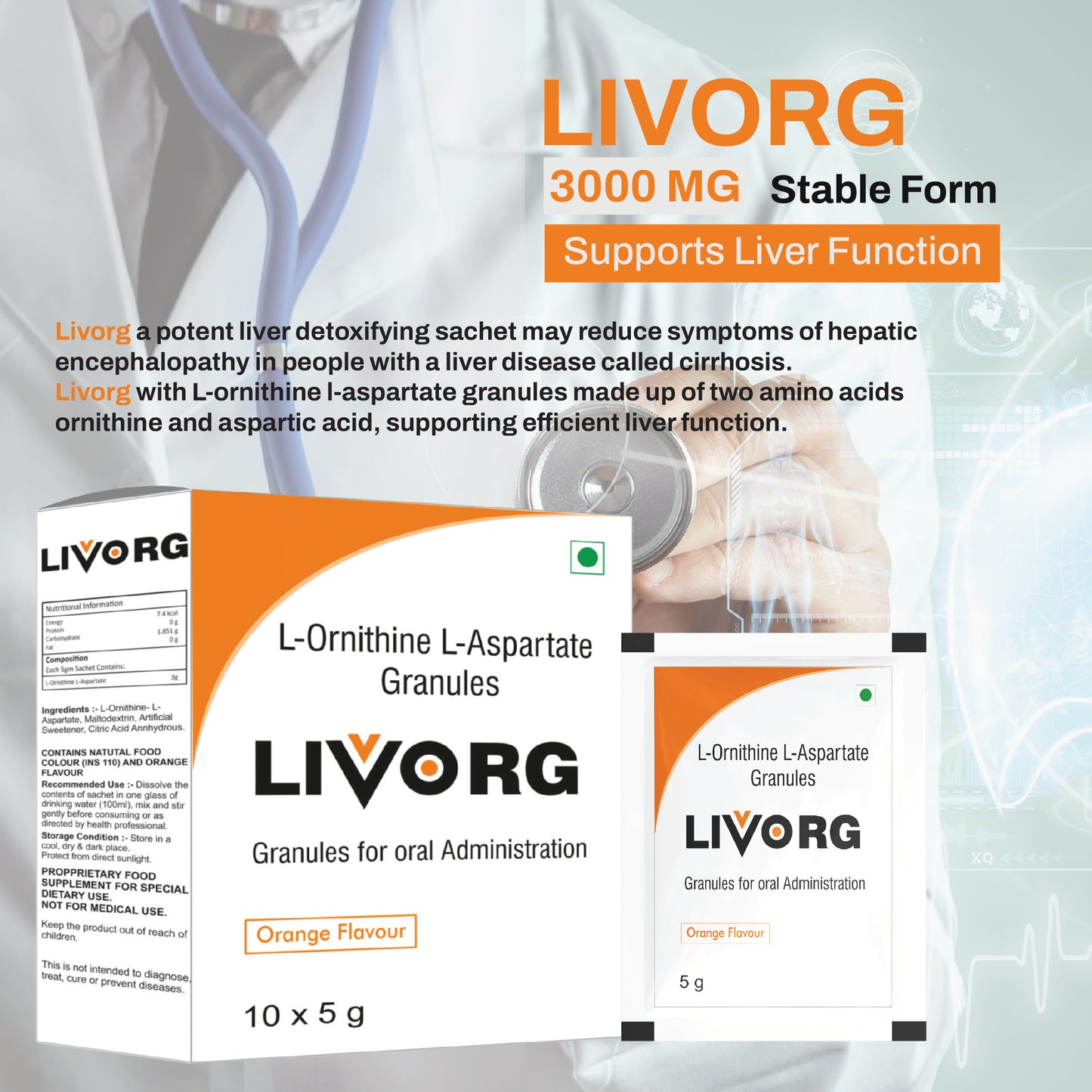 Bioven Livorg (Orange Flavor) | L-Ornithine L-Aspartate Liver Detoxifying Sachets | Skin Repair | Pack of 10 Sachets