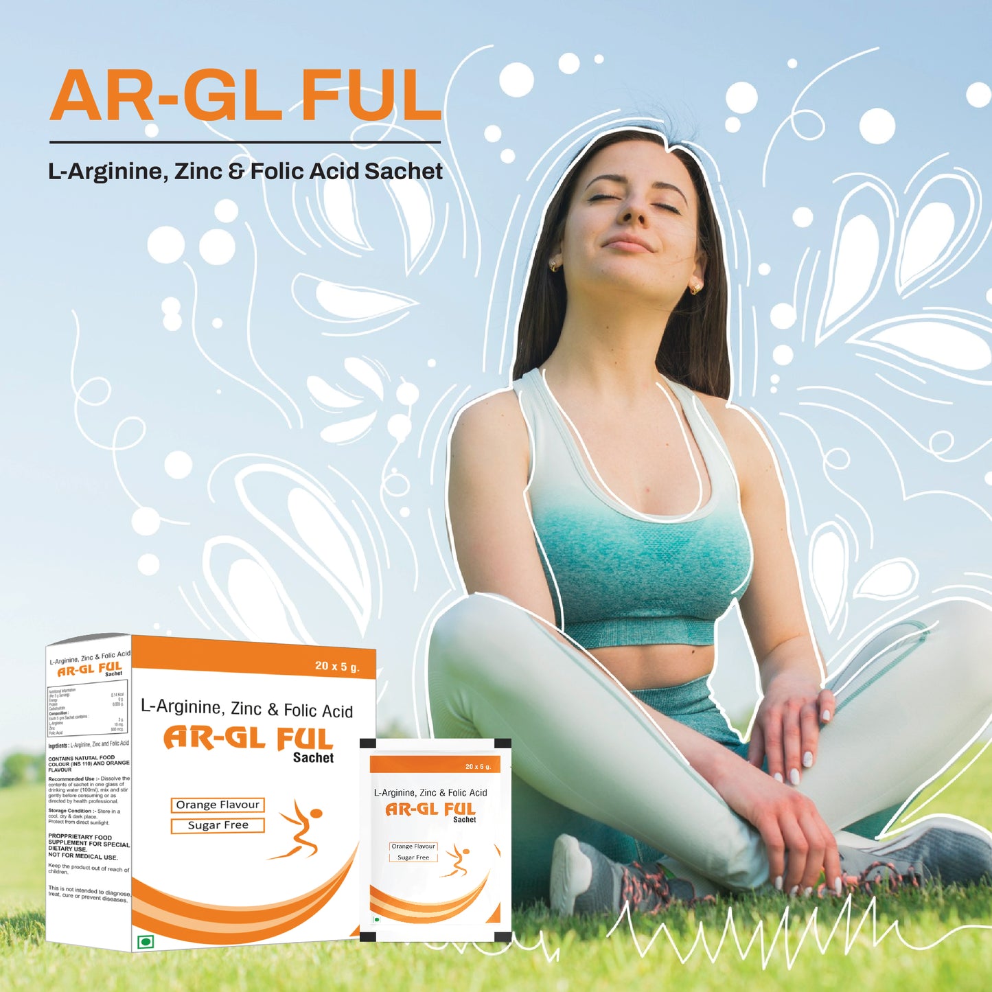Bioven AR-GL FUL (L-Arginine, Zinc & Folic Acid) Pregnancy care Sugar Free Sachets, Orange Flavor (Pack of 20 Sachets).