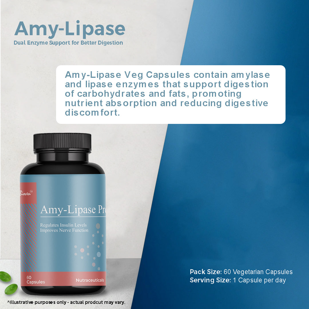 Biovencer Amy-Lipase Pro Capsules – Digestive Enzyme Supplement for Carbohydrate & Fat Digestion, Gut Health & Metabolism Support – 60 Veg Capsules