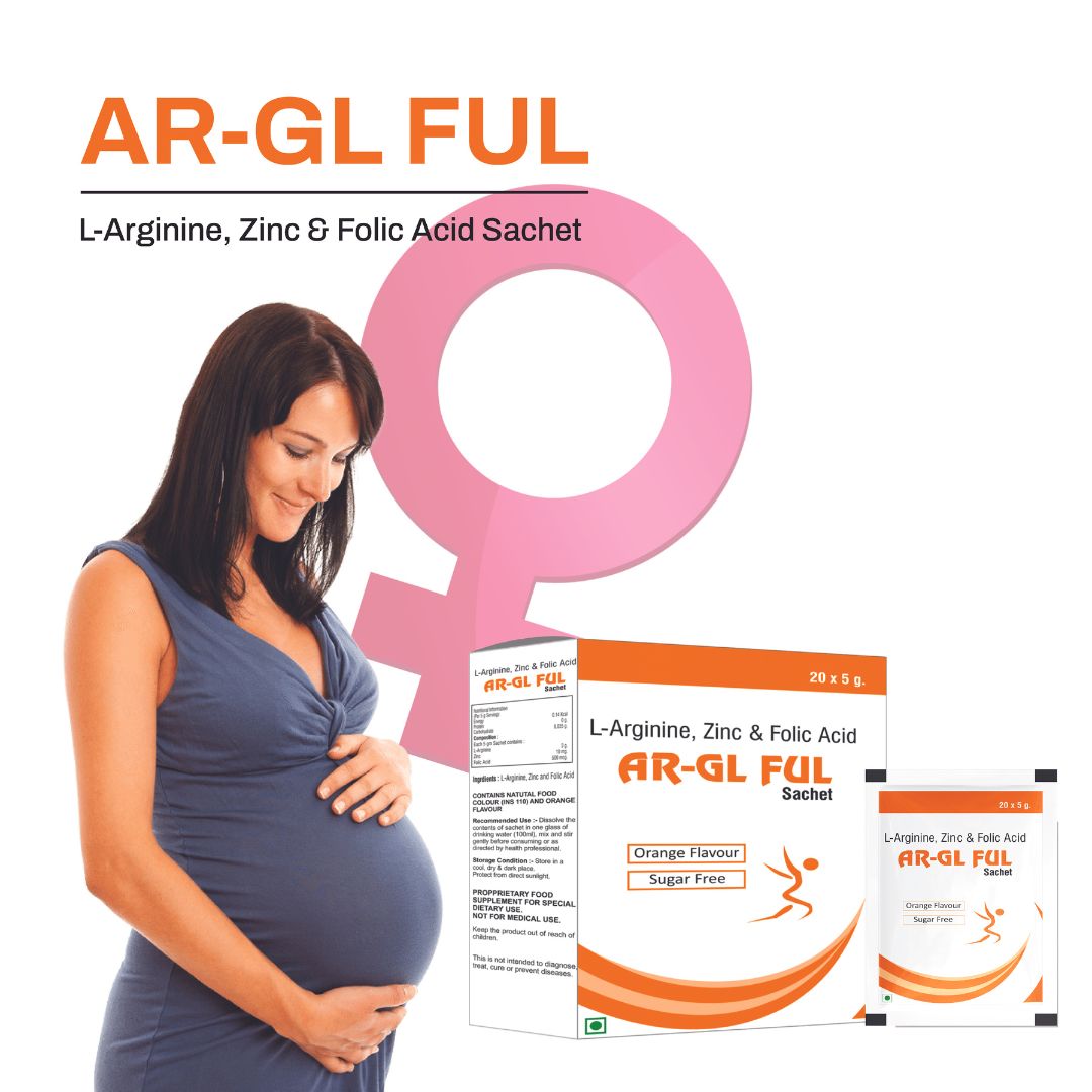 Bioven AR-GL FUL (L-Arginine, Zinc & Folic Acid) Pregnancy care Sugar Free Sachets, Orange Flavor (Pack of 20 Sachets).