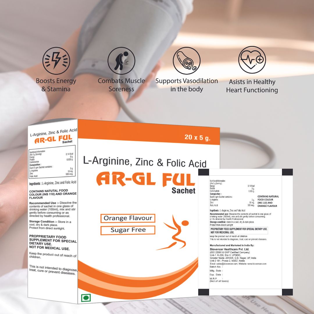 Bioven AR-GL FUL (L-Arginine, Zinc & Folic Acid) Pregnancy care Sugar Free Sachets, Orange Flavor (Pack of 20 Sachets).