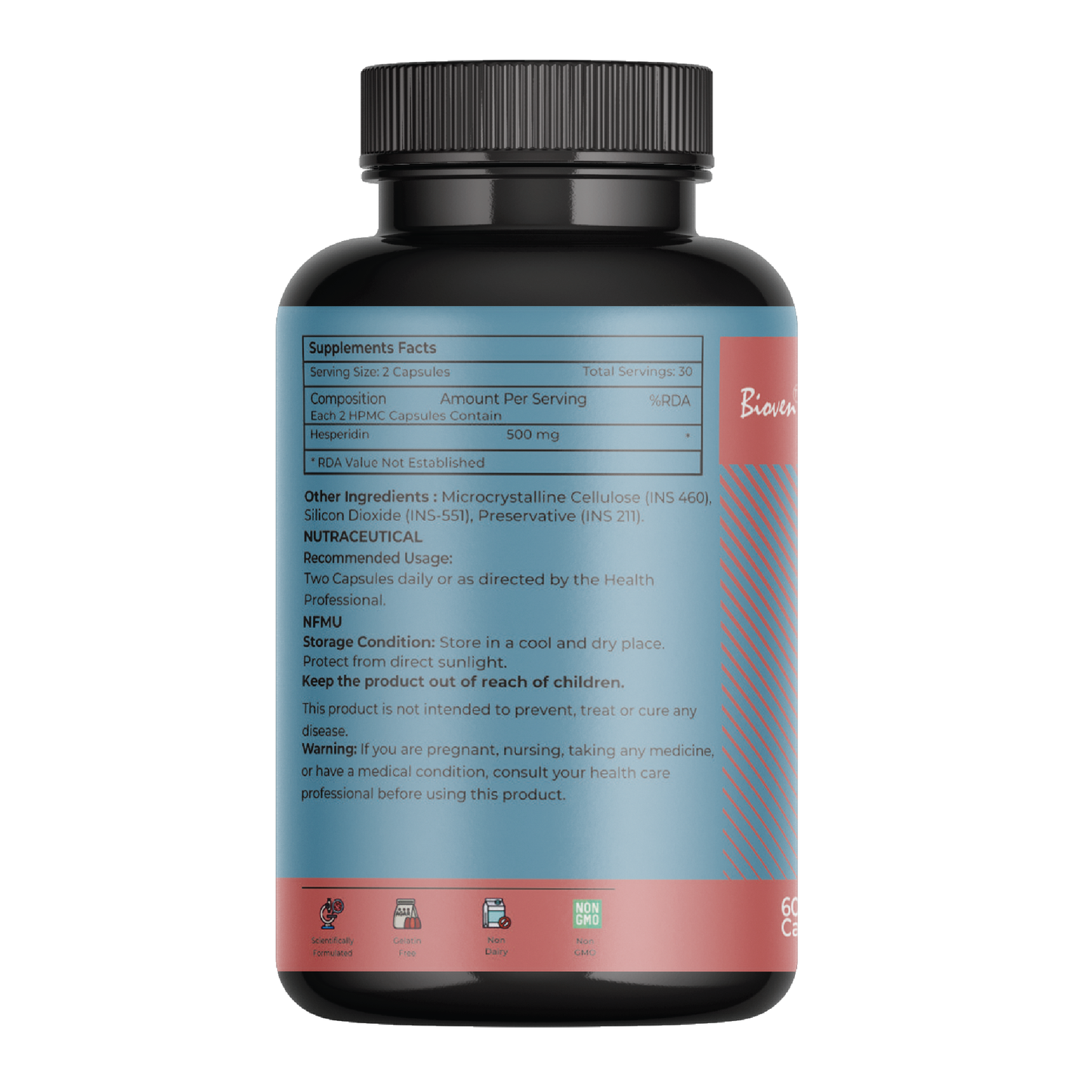 Bioven Hesperidin - 500mg | Antioxidant Properties | Cardiovascular Health | Skin Health and Brain Health | Immune System Support | Pack of 60 Veg Capsule