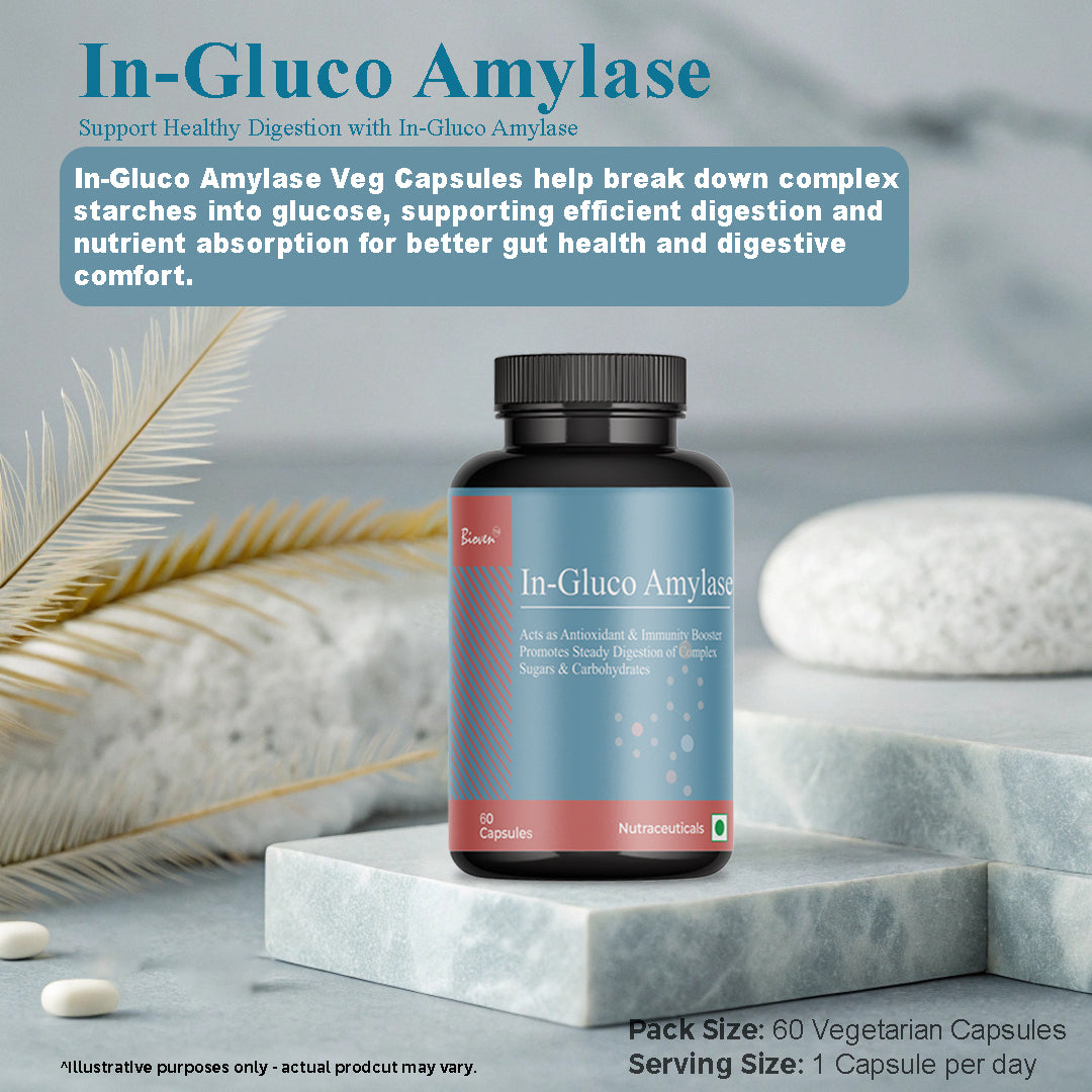 Biovencer In-Gluco Amylase Capsules – Natural Digestive Enzyme Supplement for Carbohydrate Breakdown, Energy & Gut Health – 60 Veg Capsules