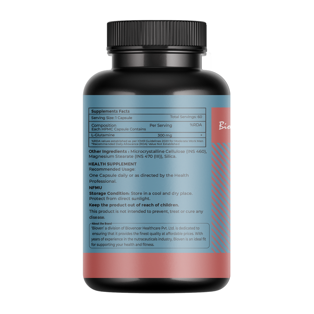 Biovencer L-Glutamine 1000mg - 60 Vegetarian Capsules | Supports Muscle Recovery, Gut Health & Immune System | Non-GMO & Gluten-Free Supplement