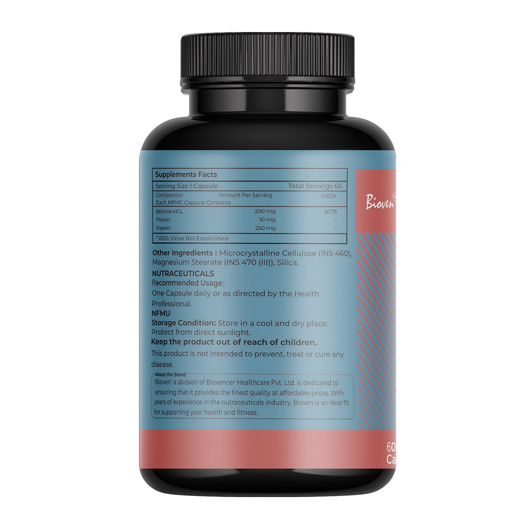 Biovencer Papain Pro HCL 60 Veg Capsules – Digestive Enzyme Supplement for Protein Digestion & Gut Health
