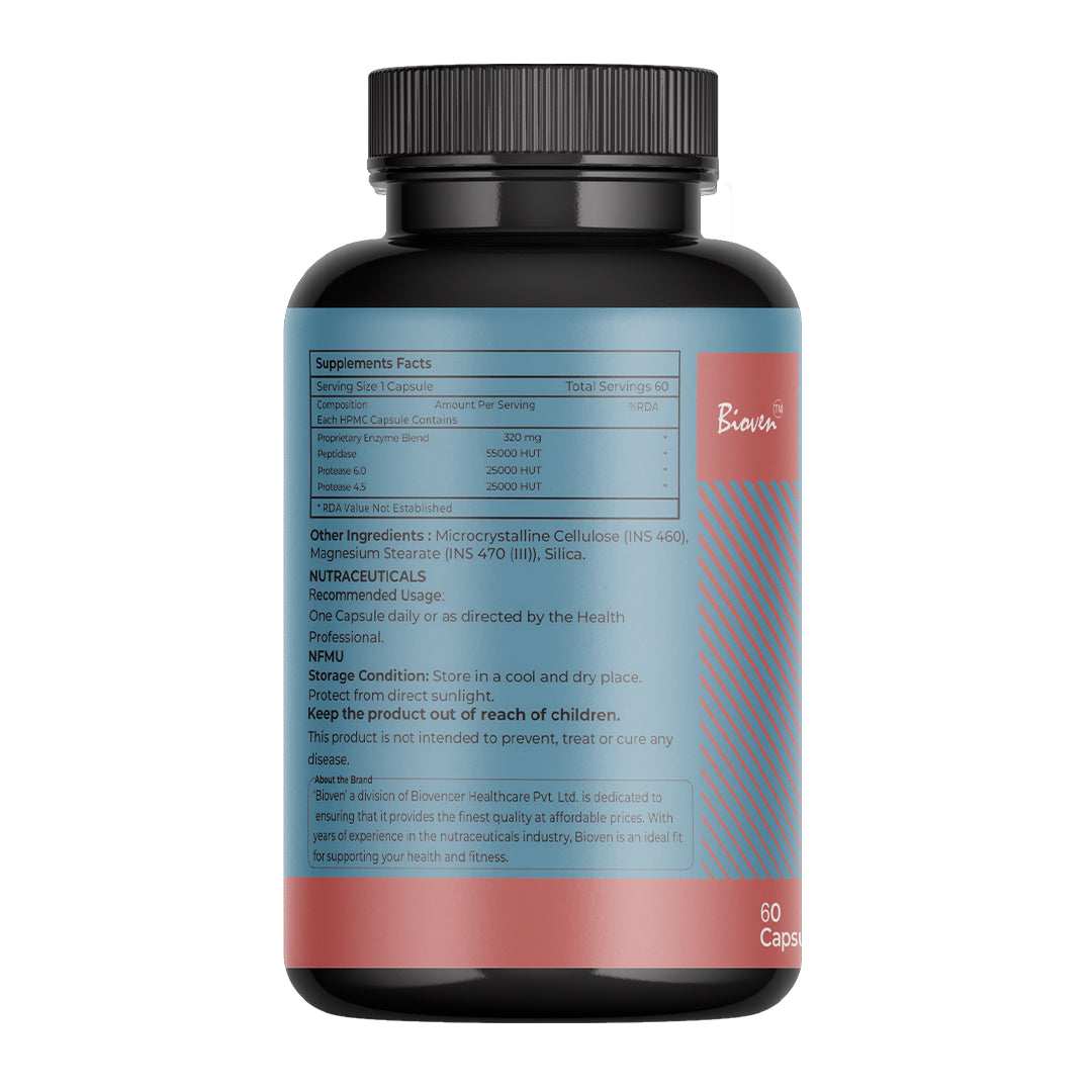 Biovencer Protease Peptizyde Plus 60 Veg Capsules | Digestive Enzyme Supplement for Protein Digestion, Gut Health, Bloating Relief & Nutrient Absorption