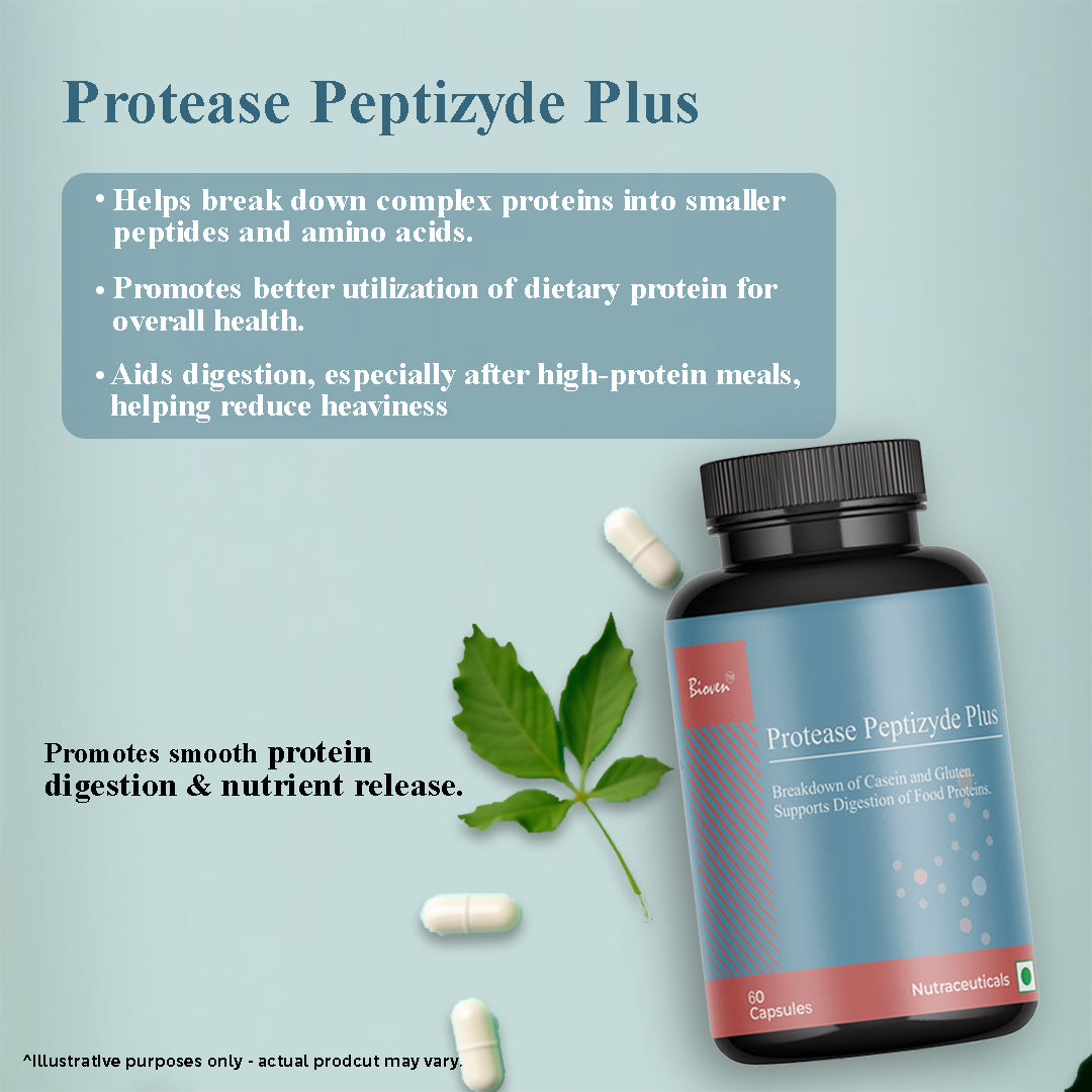 Biovencer Protease Peptizyde Plus 60 Veg Capsules | Digestive Enzyme Supplement for Protein Digestion, Gut Health, Bloating Relief & Nutrient Absorption