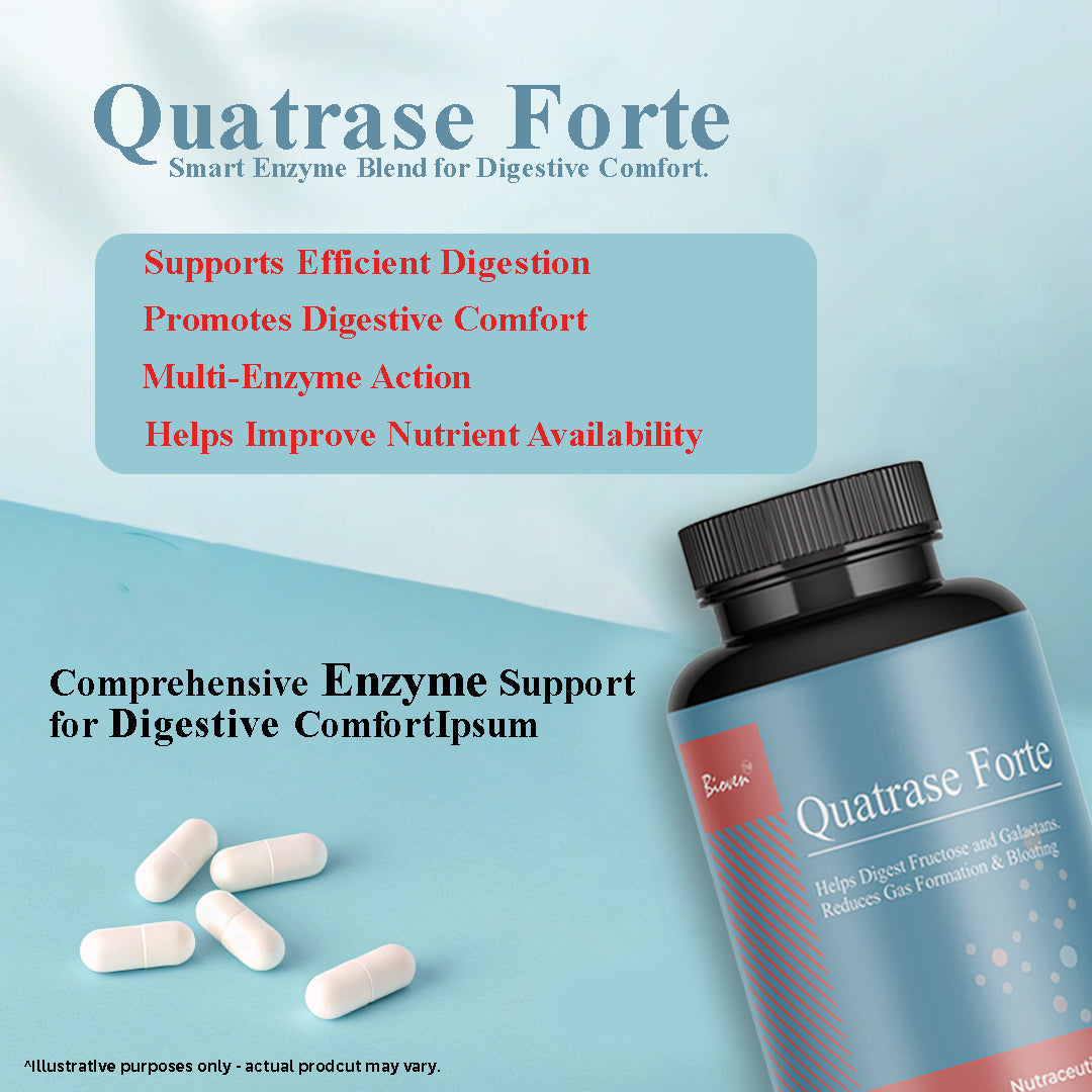 Biovencer Quatrase Forte Capsules – Advanced Digestive Enzyme Supplement for Bloating, Gas, Indigestion & Gut Health – 60 Veg Capsules