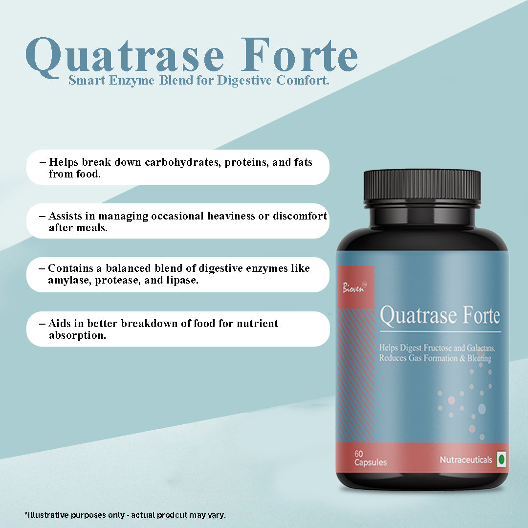 Biovencer Quatrase Forte Capsules – Advanced Digestive Enzyme Supplement for Bloating, Gas, Indigestion & Gut Health – 60 Veg Capsules