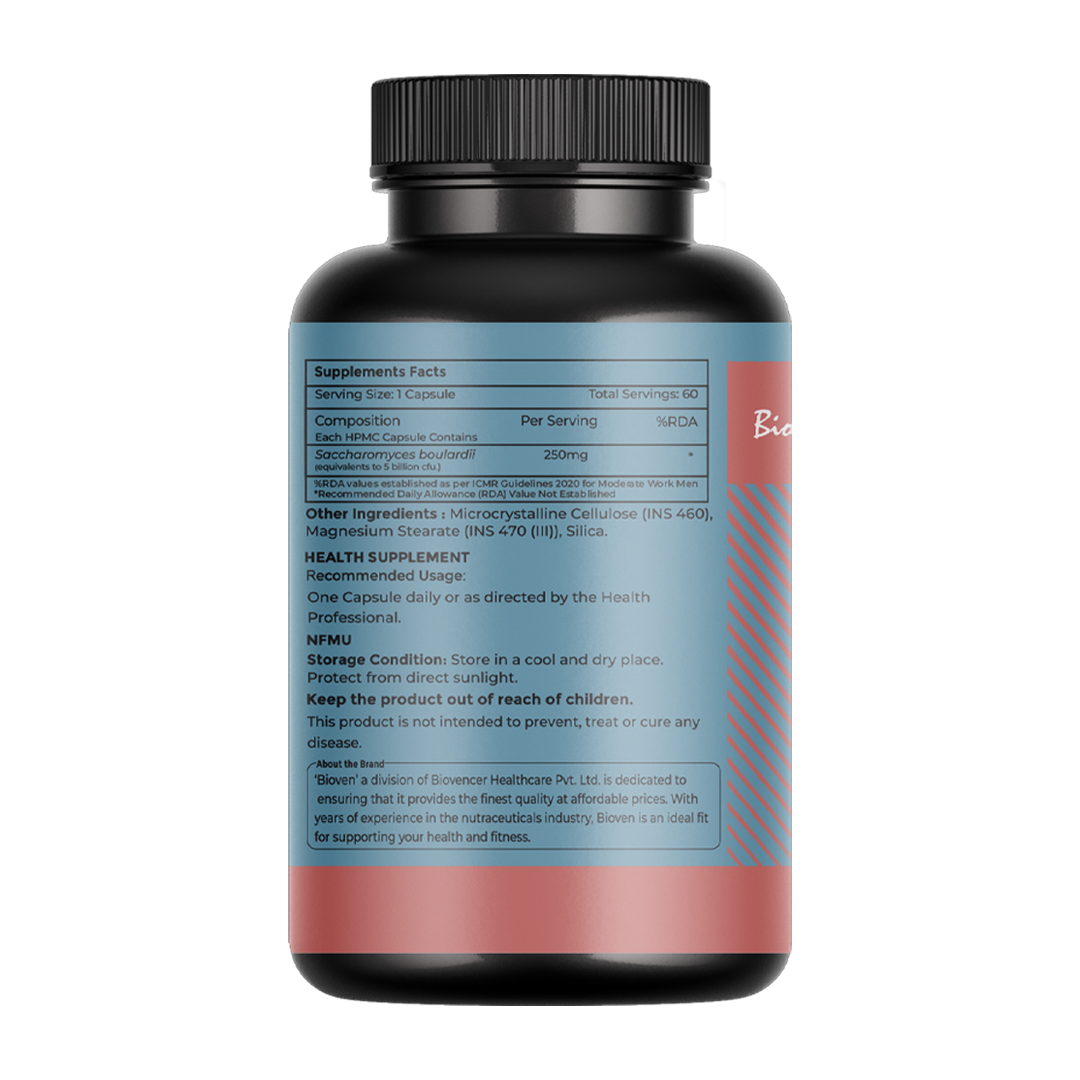 Bioven Saccharomyces Boulardii Probiotic Supplement - 60 Veg Capsules - Supports Digestive & Gut Health - Dairy-Free, Gluten-Free - Shelf-Stable - Premium Quality