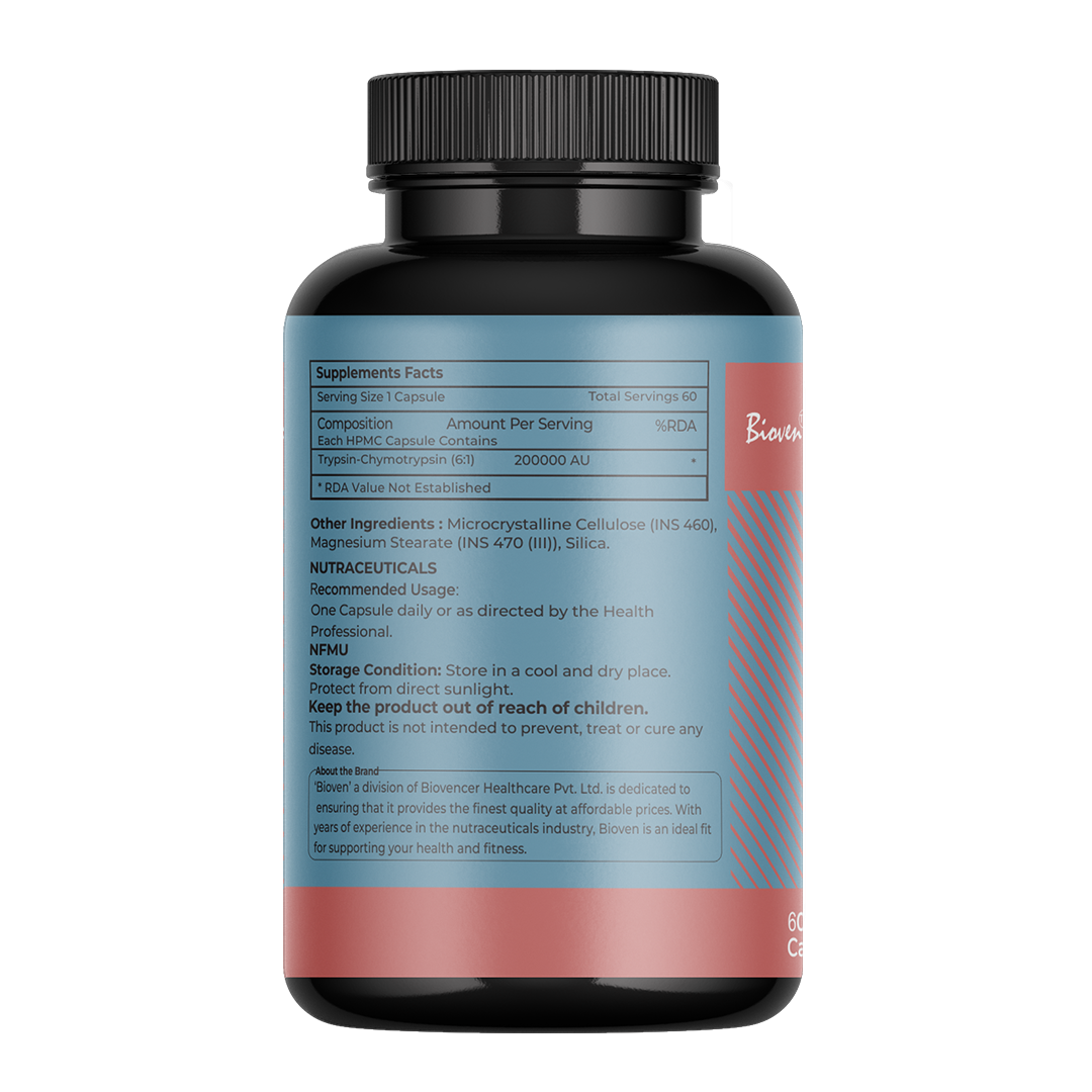 Biovencer Trypsin Chymotrypsin (6:1) Capsules – Enzyme Supplement for Inflammation, Pain Relief, Post-Surgery Healing & Joint Recovery – 60 Veg Capsules