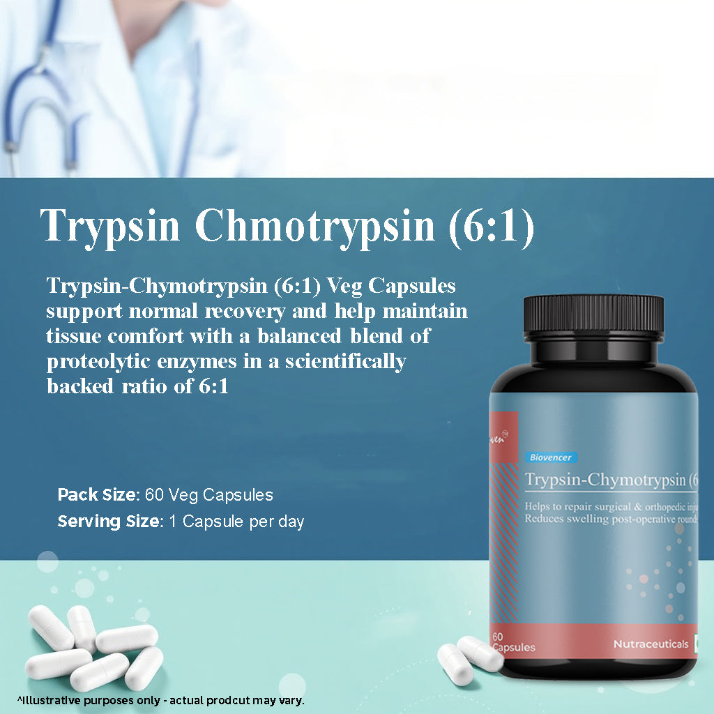 Biovencer Trypsin Chymotrypsin (6:1) Capsules – Enzyme Supplement for Inflammation, Pain Relief, Post-Surgery Healing & Joint Recovery – 60 Veg Capsules