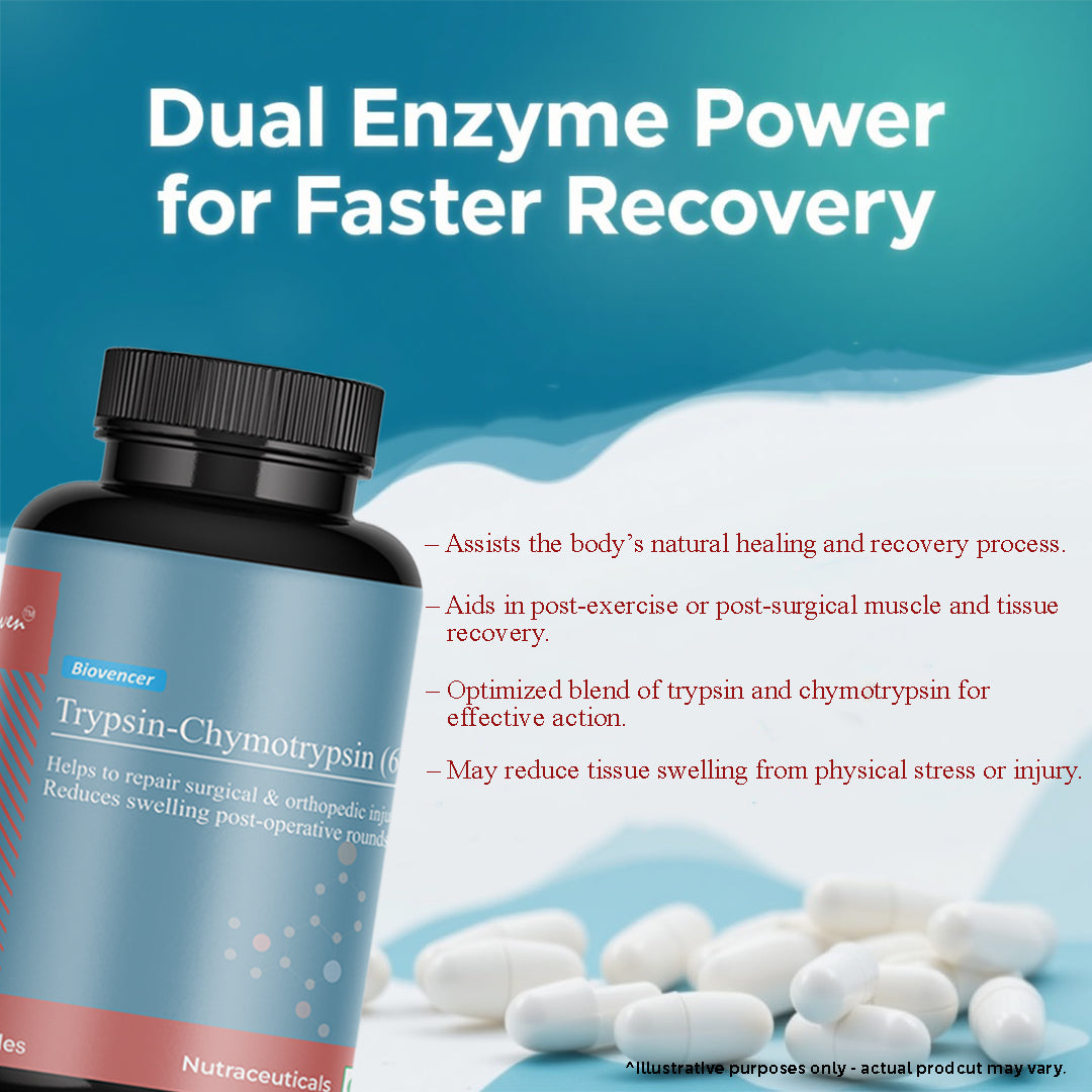 Biovencer Trypsin Chymotrypsin (6:1) Capsules – Enzyme Supplement for Inflammation, Pain Relief, Post-Surgery Healing & Joint Recovery – 60 Veg Capsules