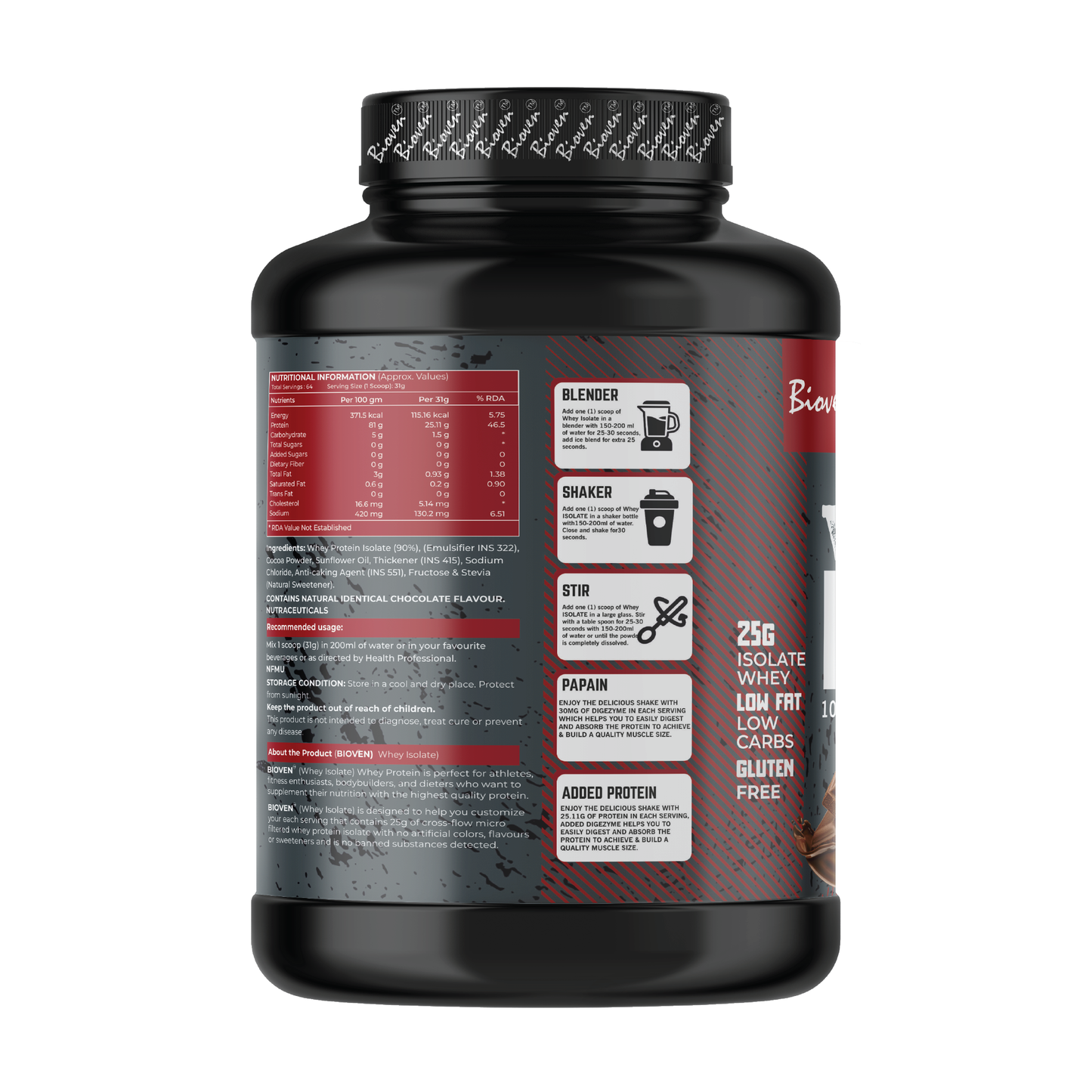 Bioven Whey Isolate Protein | Supplementation for Gym And Athletic Performance | Chocolate Flavor | 64 Servings | 4.4lb Jar