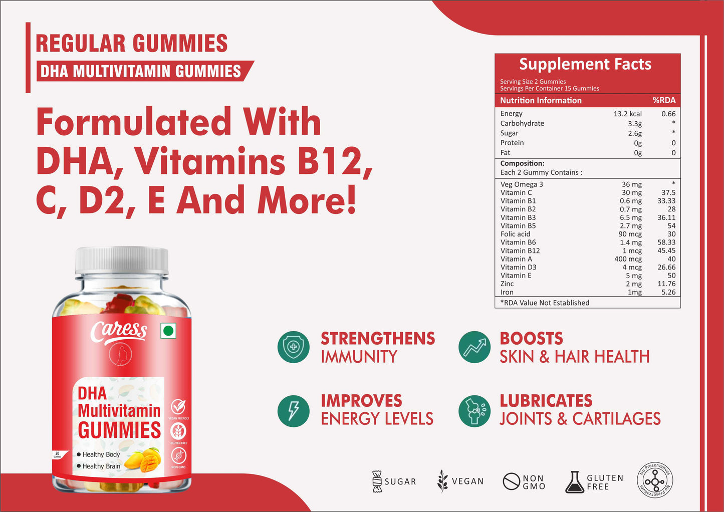 Caress DHA Multivitamin Gummies– For Kids, Teenagers, Women & Men| Healthy Growth |Boost Immunity| Contain Multivitamin with veg Omega3| Mango Flavour - 30 Gummies (Pack of 1)