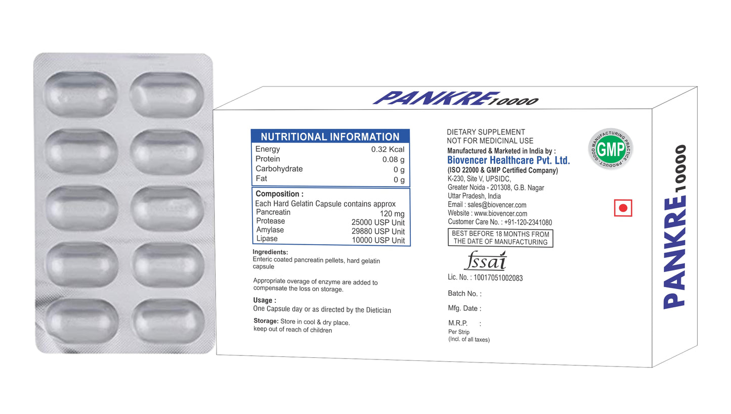 Bioven Pankre 10000 Capsules | Pancreatic Enzyme Deficiency | Pancreatic Enzyme Formula | Pack of 10