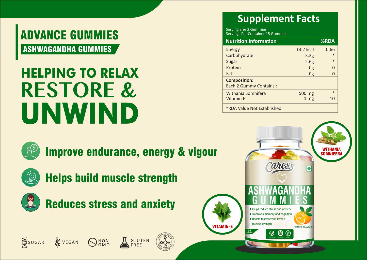 Caress Ashwagandha – Stress Relief| Wellness Rejuvenates mind & Body |Anti-Anxiety Support| Contain 250mg Ashwagandha with Vitamin E| Orange Flavour - 30 Gummies (Pack of 1)