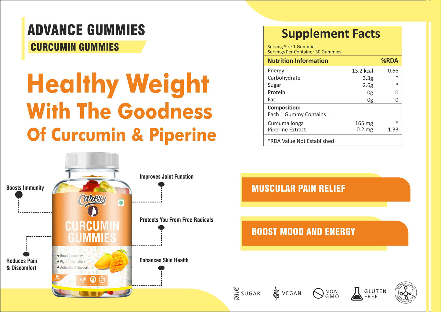 Caress Curcumin Gummies– Natural Antioxidant| Anti-inflammation |Boost Immunity| Contain Curcumin Extract with Piperine| Mango Flavour - 30 Gummies (Pack of 1)
