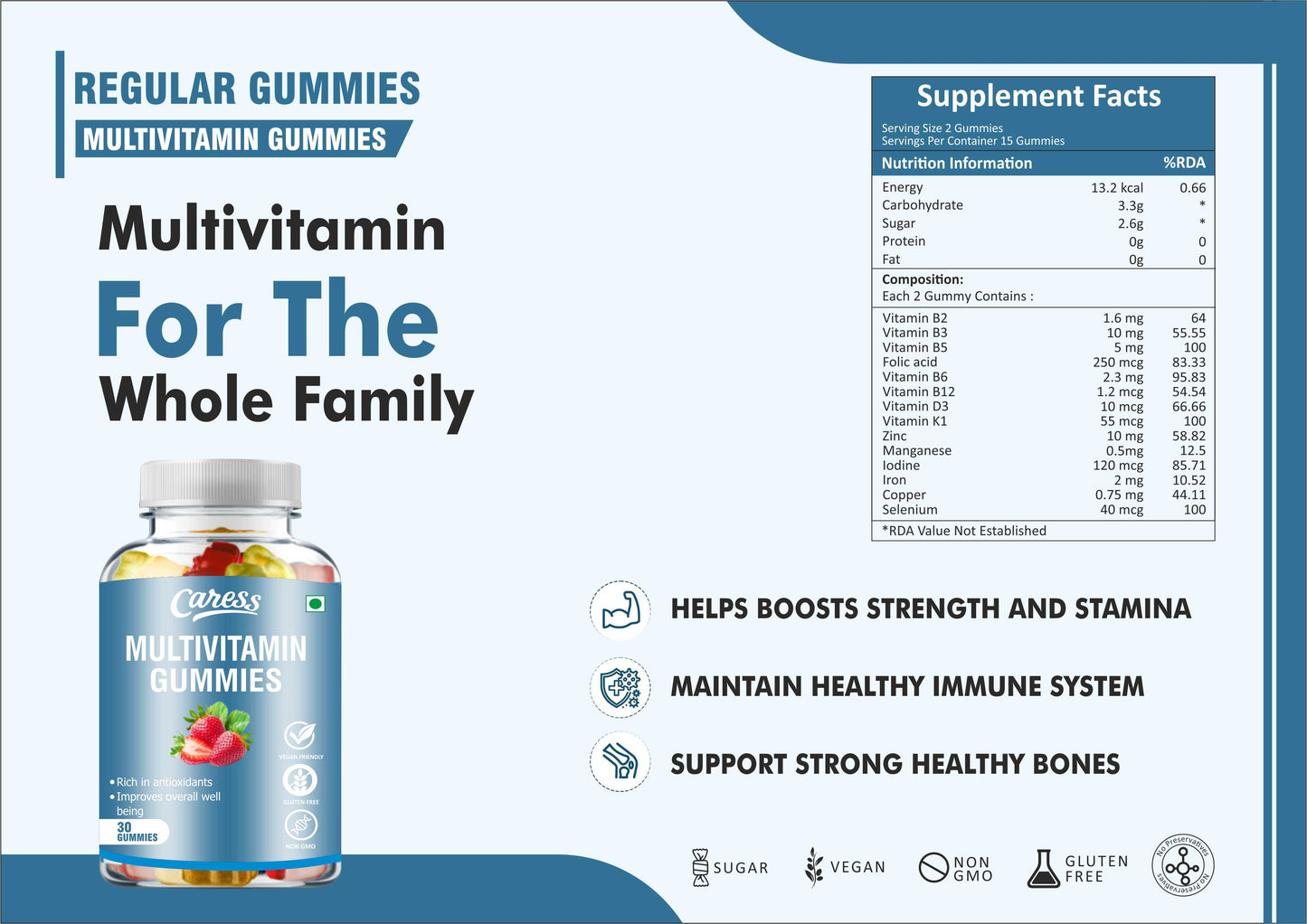 Caress Multivitamin Gummies– For the whole family| for growth, Development & Immunity| Contain Essential Vitamins with Minerals| Strawberry Flavour - 30 Gummies (Pack of 1)