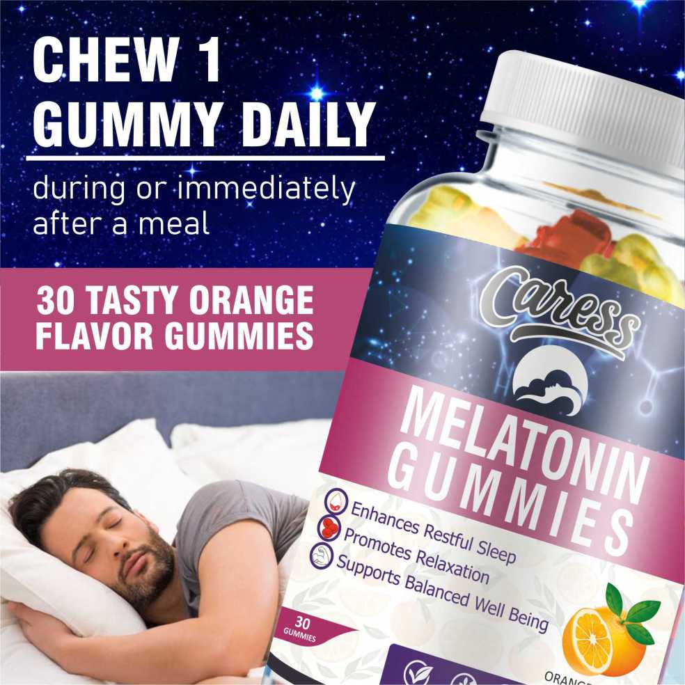 Caress Melatonin Gummies– For Adults| Better Sleep |Antioxidants| Contain Melatonin with Ashwagandha, Lemon Balm, Chamomile| Orange Flavour - 30 Gummies (Pack of 1)