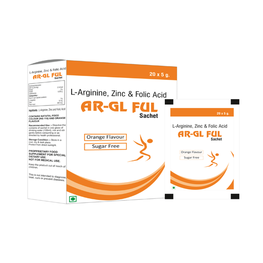 Bioven AR-GL FUL (L-Arginine, Zinc & Folic Acid) Pregnancy care Sugar Free Sachets, Orange Flavor (Pack of 20 Sachets).