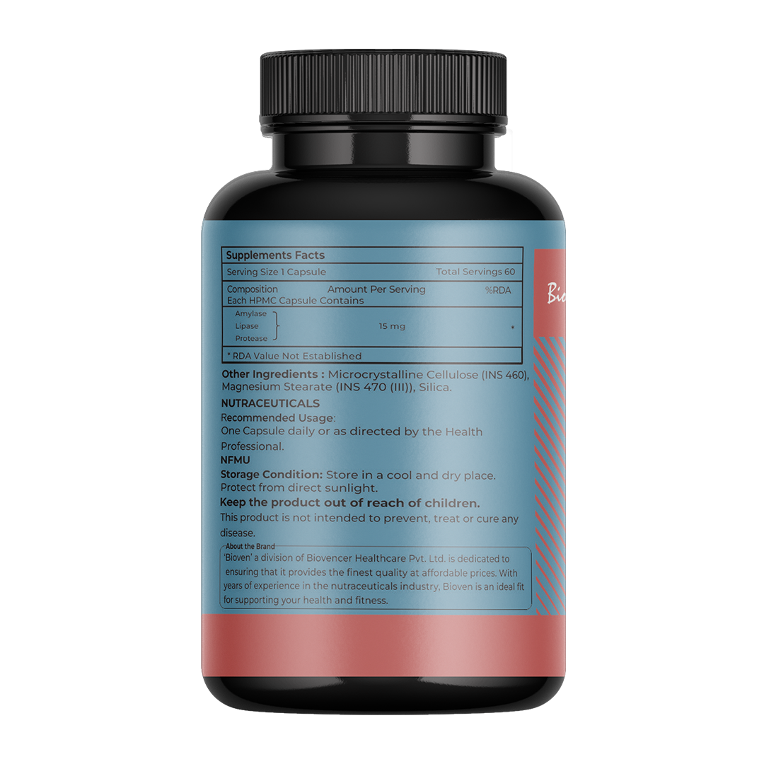 Biovencer Amy-Lipase Pro Capsules – Digestive Enzyme Supplement for Carbohydrate & Fat Digestion, Gut Health & Metabolism Support – 60 Veg Capsules