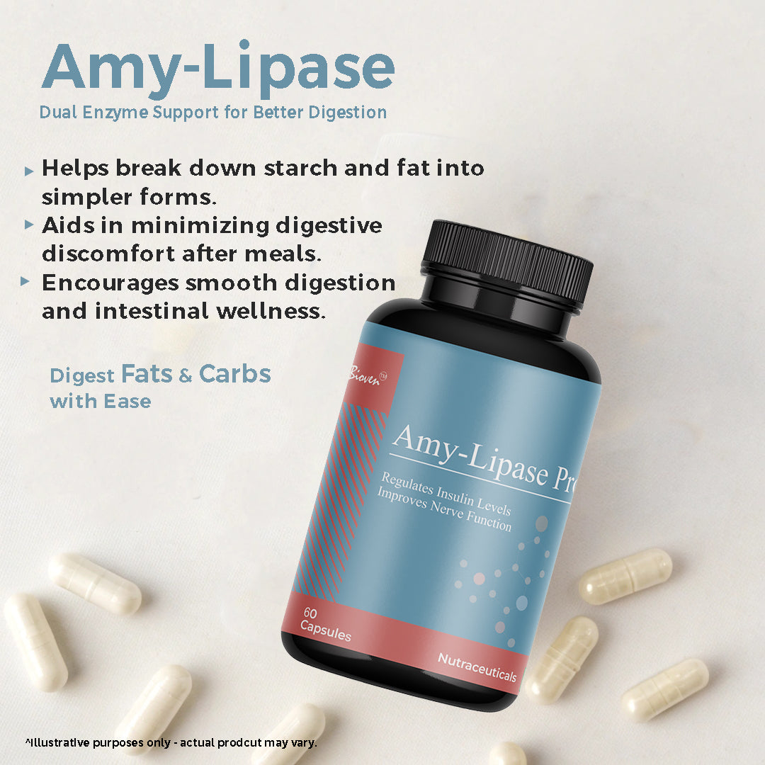 Biovencer Amy-Lipase Pro Capsules – Digestive Enzyme Supplement for Carbohydrate & Fat Digestion, Gut Health & Metabolism Support – 60 Veg Capsules