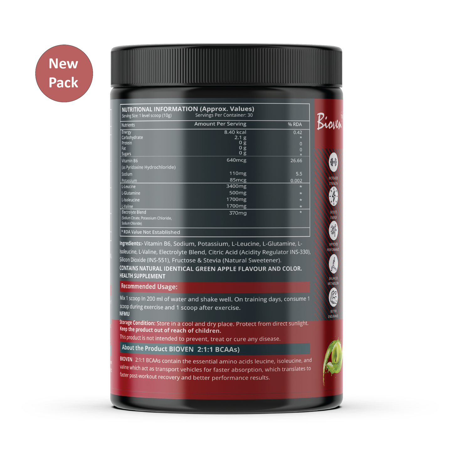 Bioven 2:1:1 BCAA | Muscle Recovery | Green Apple Flavour | 300gm Jar