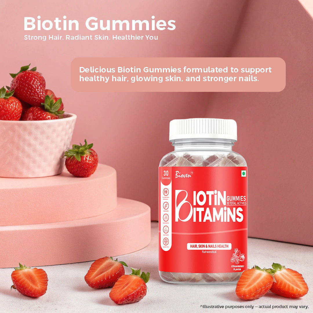 Bioven Biotin Gummies Pack of 30 Strawberry Flavour – Biotin Supplement for Hair Growth, Strong Nails & Healthy Skin Support