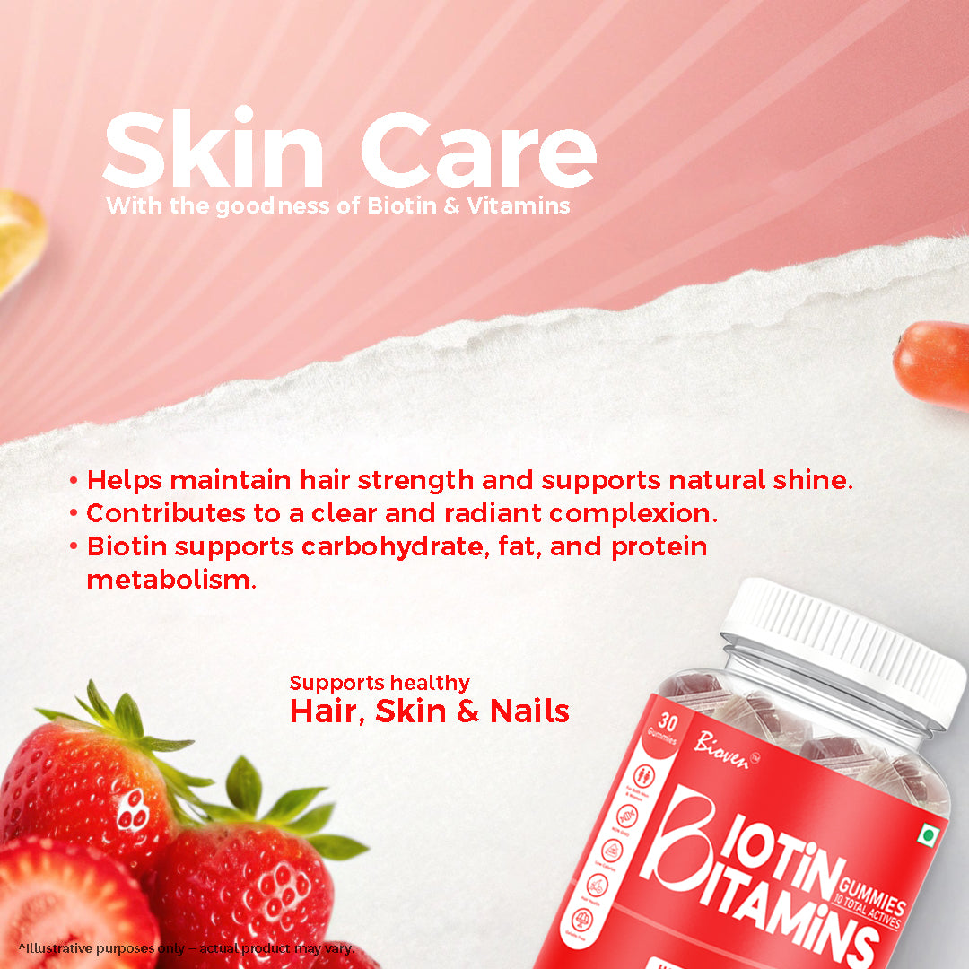 Bioven Biotin Gummies Pack of 30 Strawberry Flavour – Biotin Supplement for Hair Growth, Strong Nails & Healthy Skin Support