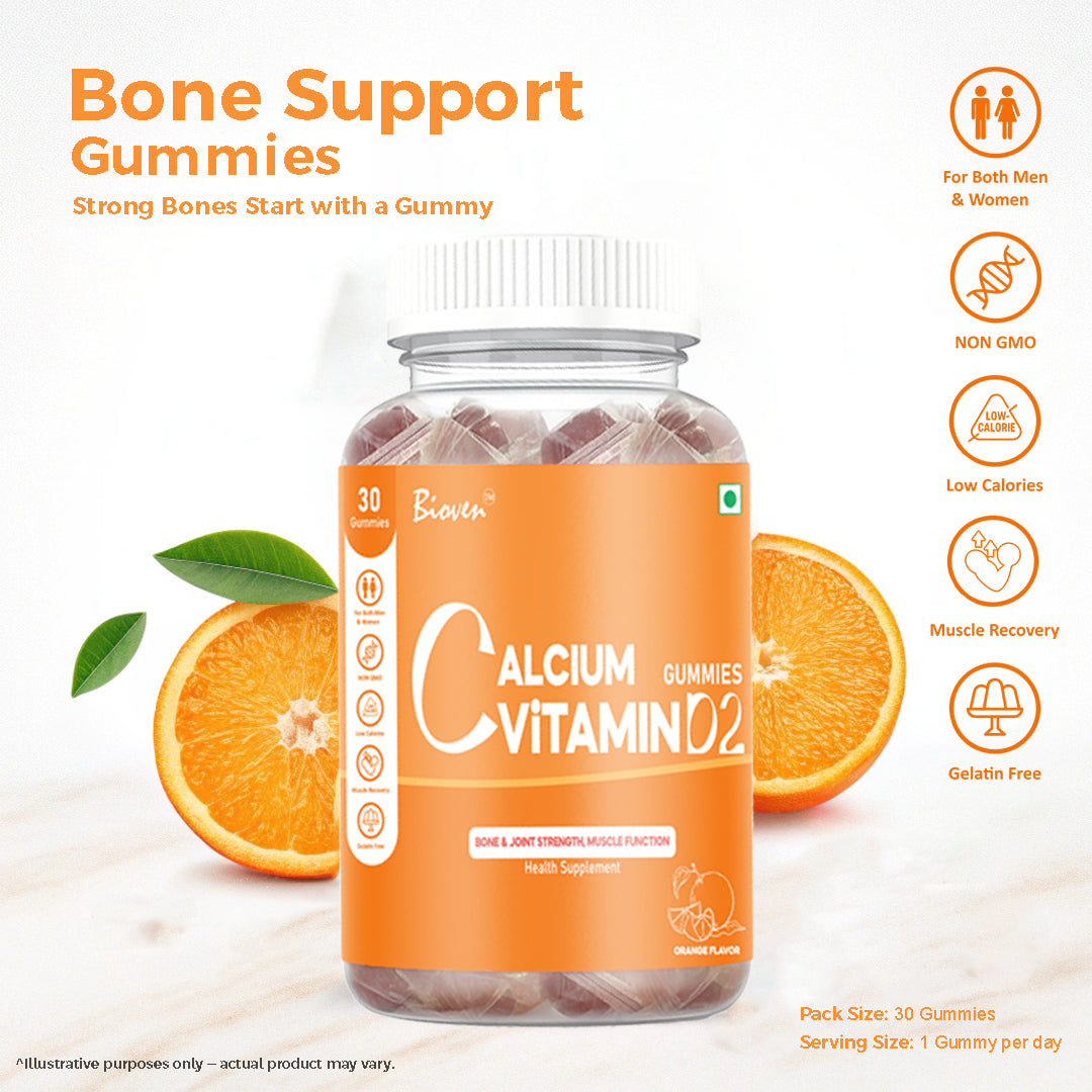 Bioven Calcium Vitamin D2 Gummies Pack of 30 Orange Flavour – Supports Strong Bones, Teeth Health & Calcium Absorption