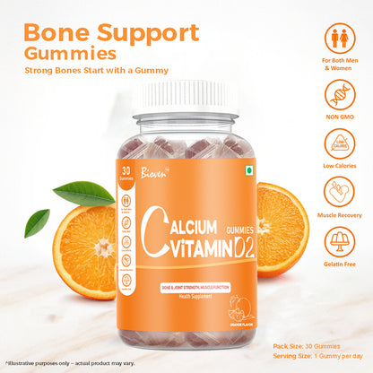 Bioven Calcium Vitamin D2 Gummies Pack of 30 Orange Flavour – Supports Strong Bones, Teeth Health & Calcium Absorption