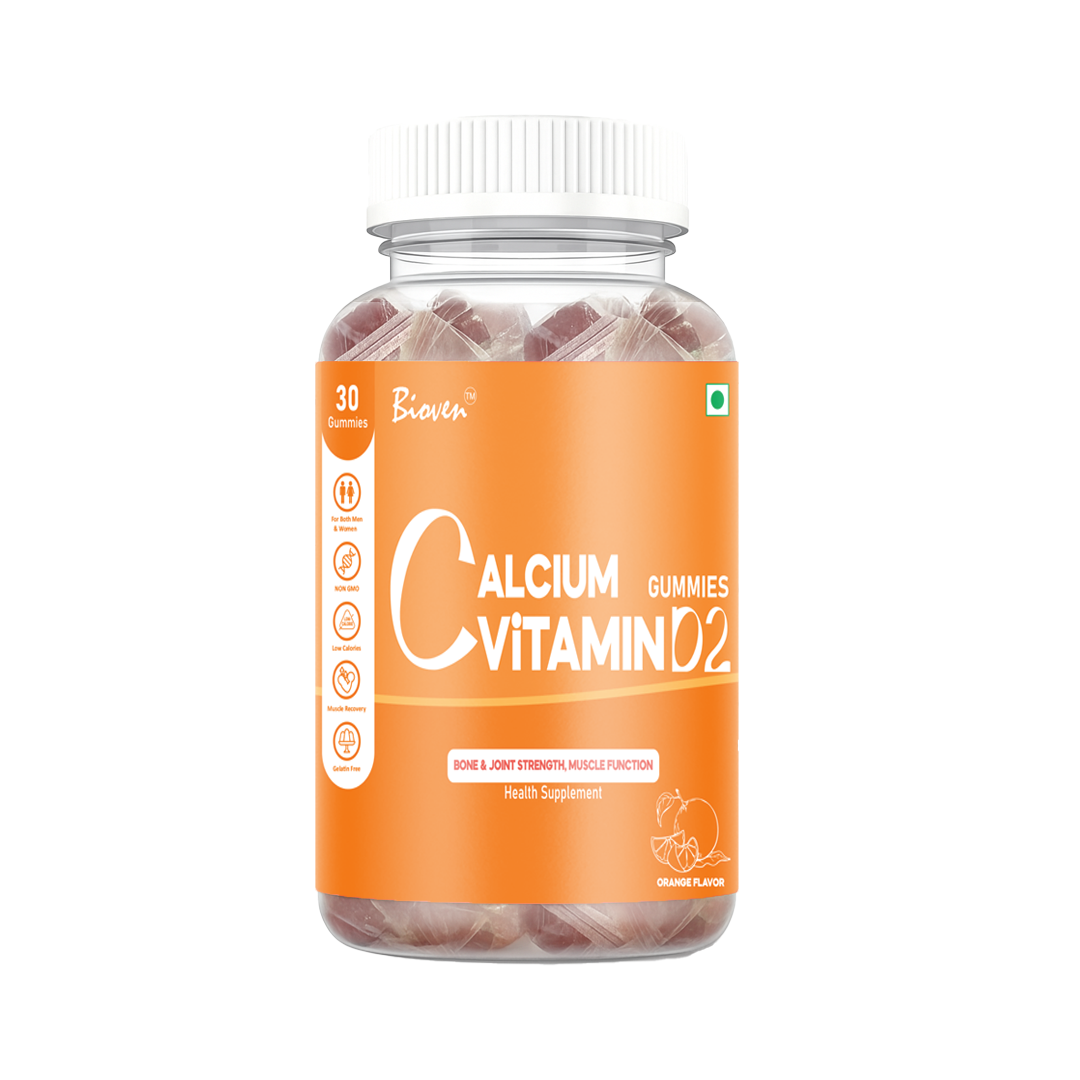 Bioven Calcium Vitamin D2 Gummies Pack of 30 Orange Flavour – Supports Strong Bones, Teeth Health & Calcium Absorption