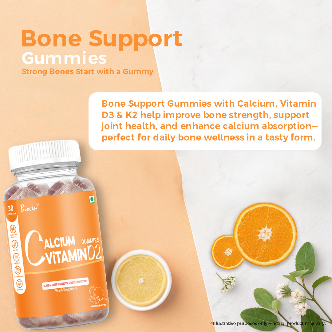 Bioven Calcium Vitamin D2 Gummies Pack of 30 Orange Flavour – Supports Strong Bones, Teeth Health & Calcium Absorption