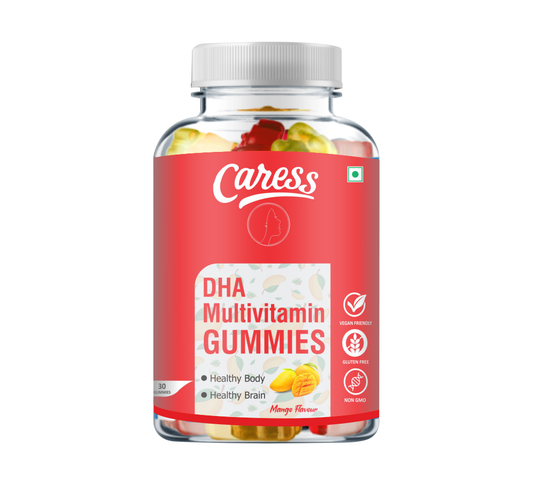 Caress DHA Multivitamin Gummies– For Kids, Teenagers, Women & Men| Healthy Growth |Boost Immunity| Contain Multivitamin with veg Omega3| Mango Flavour - 30 Gummies (Pack of 1)