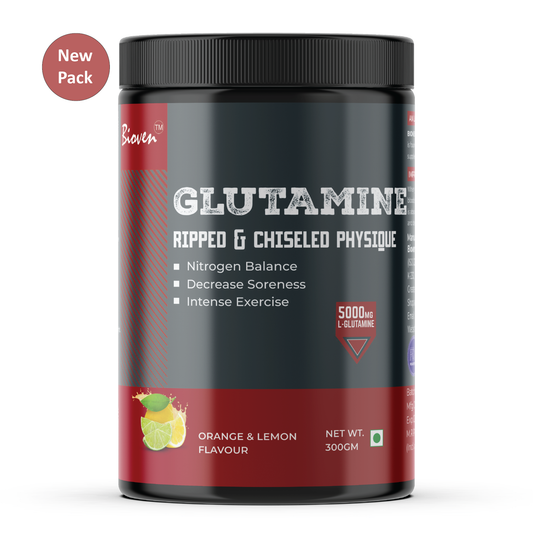 Bioven Glutamine | Supplementation for Ripped & Chiseled Physique | Orange & Lemon Flavour | 300gm Jar