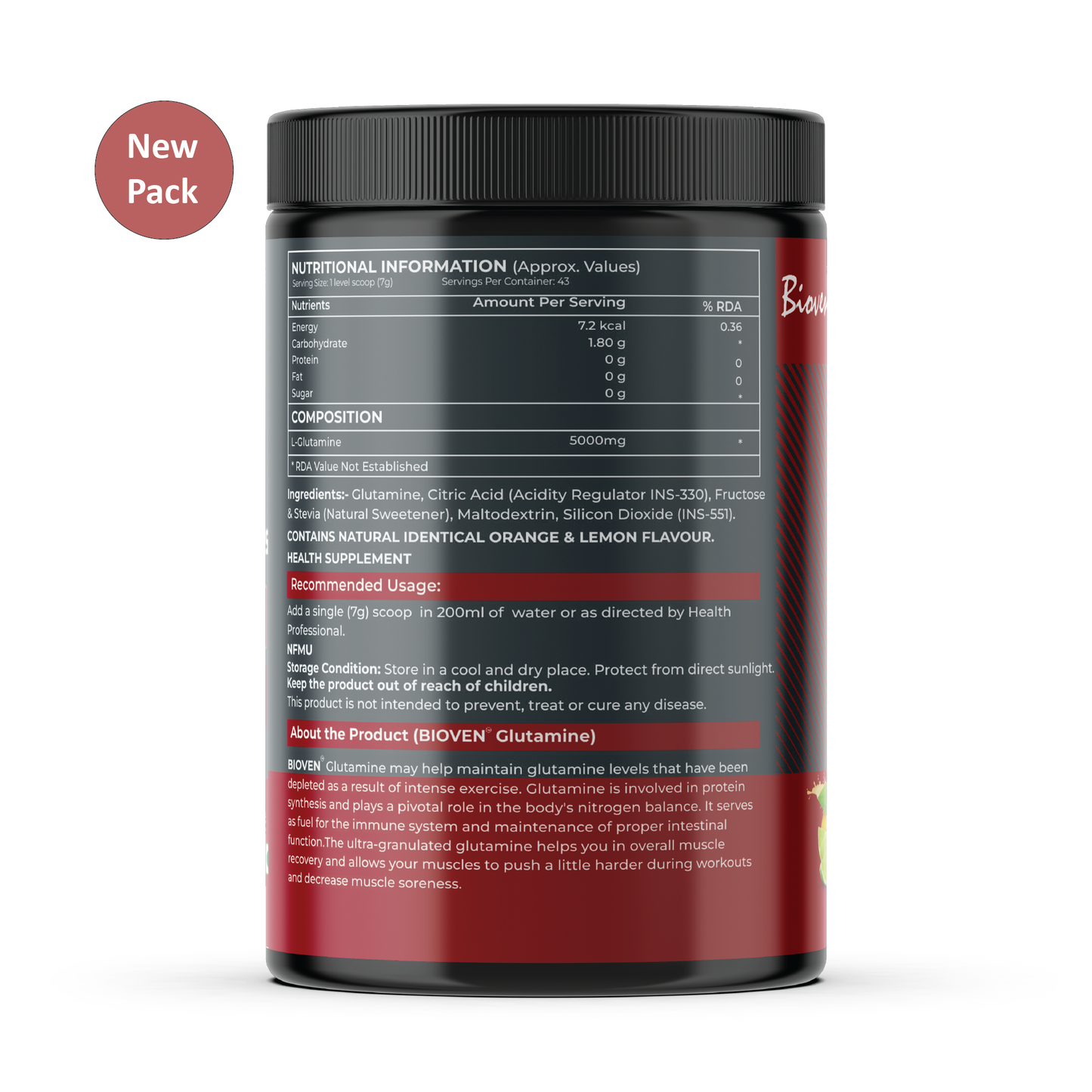 Bioven Glutamine | Supplementation for Ripped & Chiseled Physique | Orange & Lemon Flavour | 300gm Jar