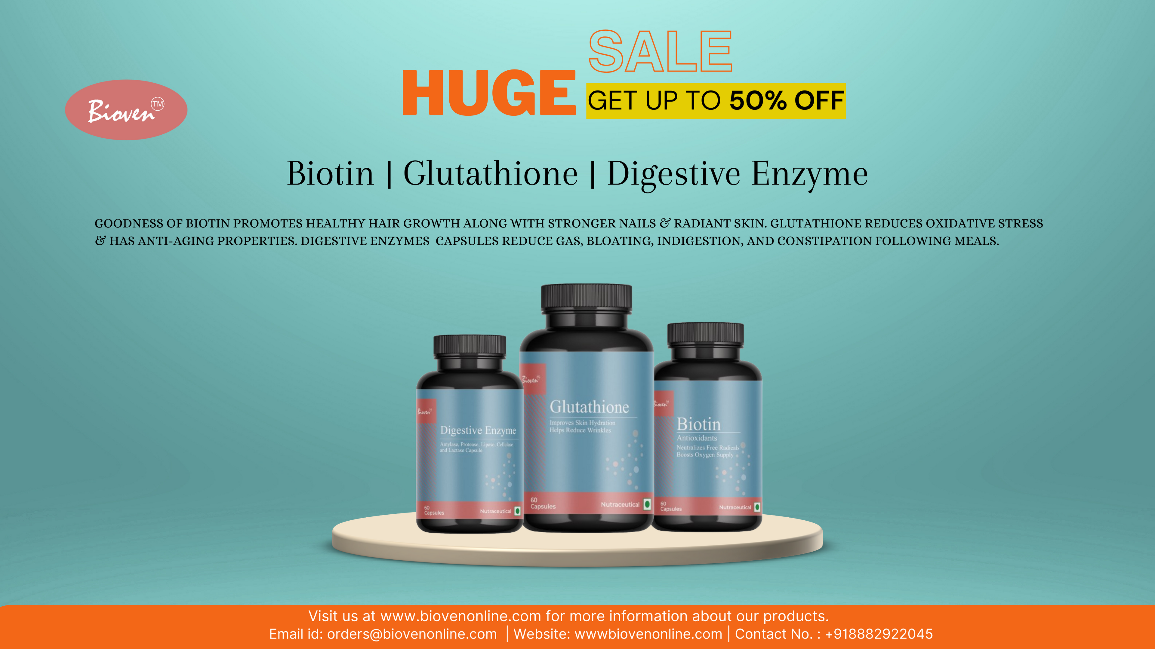 Bioven health supplements sale banner featuring Biotin, Glutathione, and Digestive Enzyme capsules. Promotional offer highlights up to 50% discount on wellness products for hair growth, radiant skin, and digestive health.