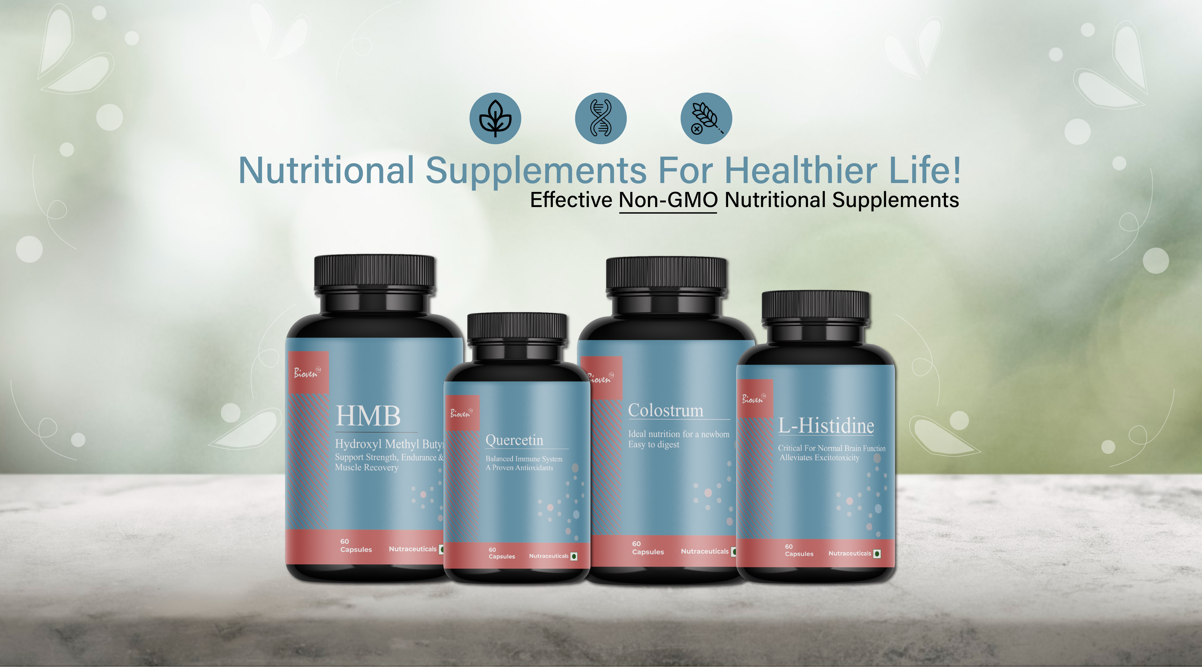 Bioven nutritional supplements banner featuring HMB, Quercetin, Colostrum, and L-Histidine capsules. Non-GMO health products to support strength, immune health, muscle recovery, and brain function. Promoting a healthier lifestyle.