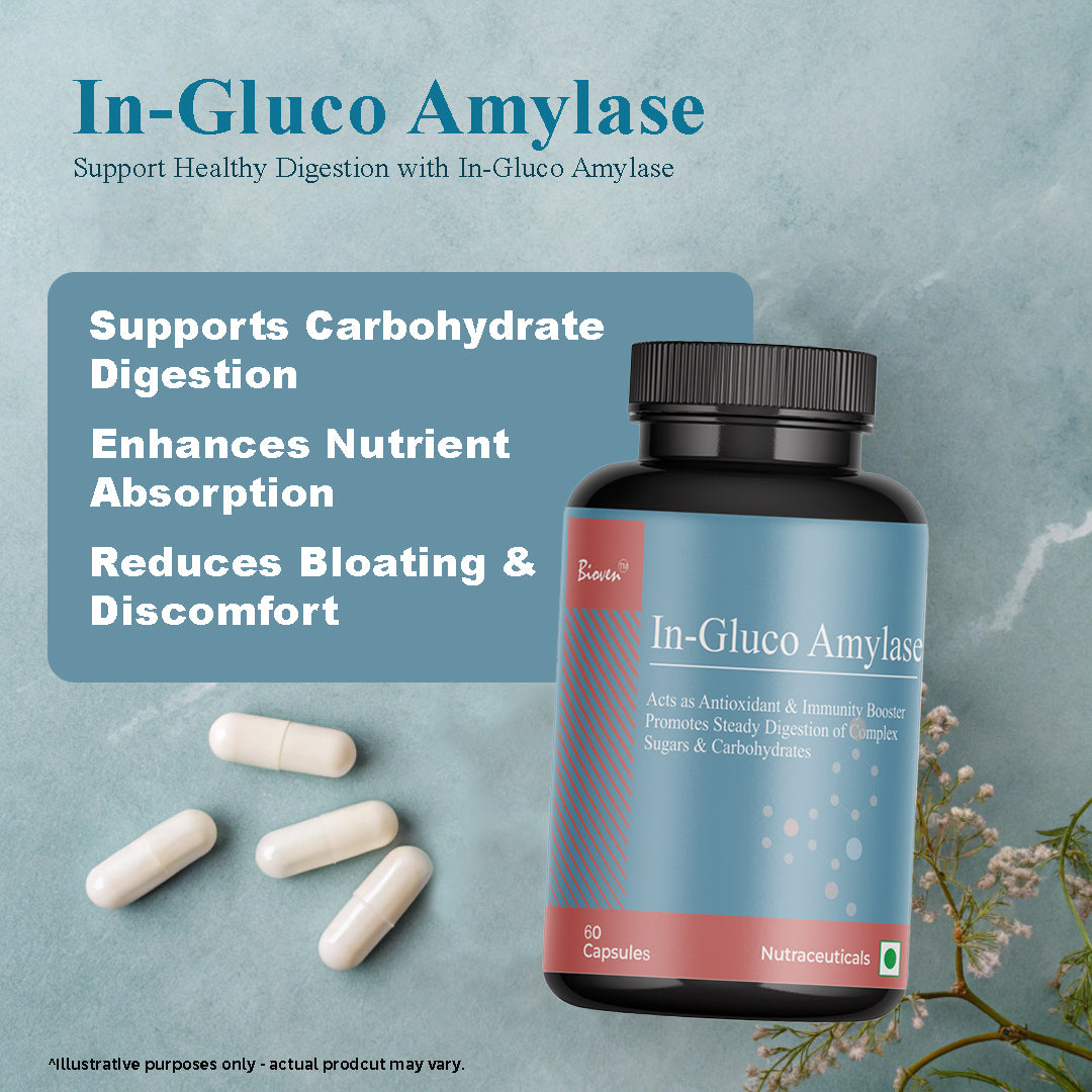 Biovencer In-Gluco Amylase Capsules – Natural Digestive Enzyme Supplement for Carbohydrate Breakdown, Energy & Gut Health – 60 Veg Capsules