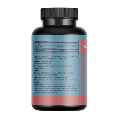 Biovencer L-Carnitine HCl 500mg – 60 Vegetarian Capsules | Boost Energy, Enhance Workout Performance & Support Fat Metabolism | Non-GMO, Vegan, Gluten-Free Dietary Supplement