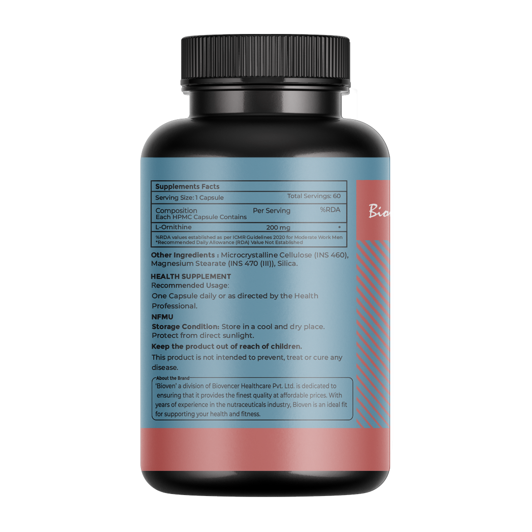 Bioven L-Ornithine 60 Veg Capsules – Amino Acid Supplement for Muscle Recovery, Energy Support & Daily Wellness