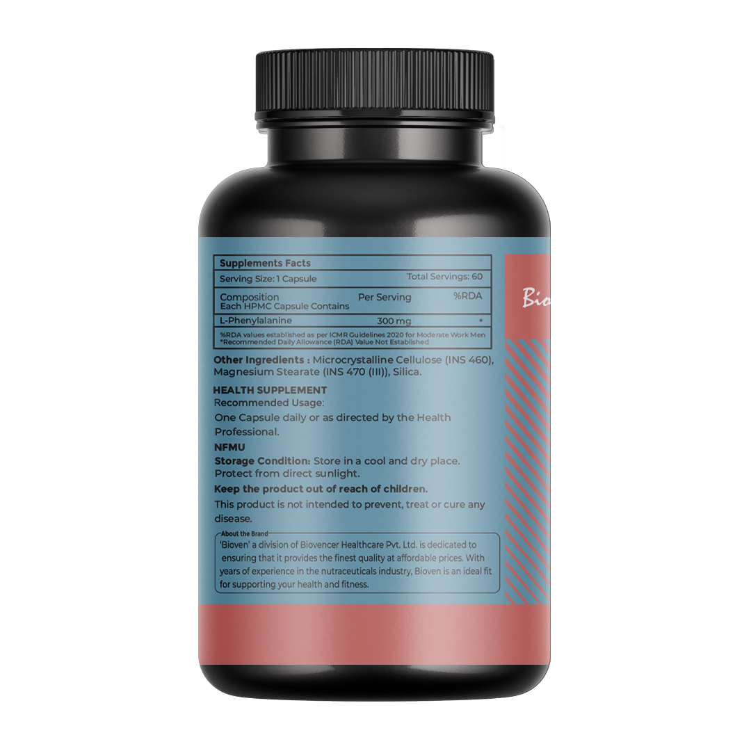 Bioven L-Phenylalanine 60 Veg Capsules – Essential Amino Acid for Mood Balance, Focus & Neurotransmitter Support