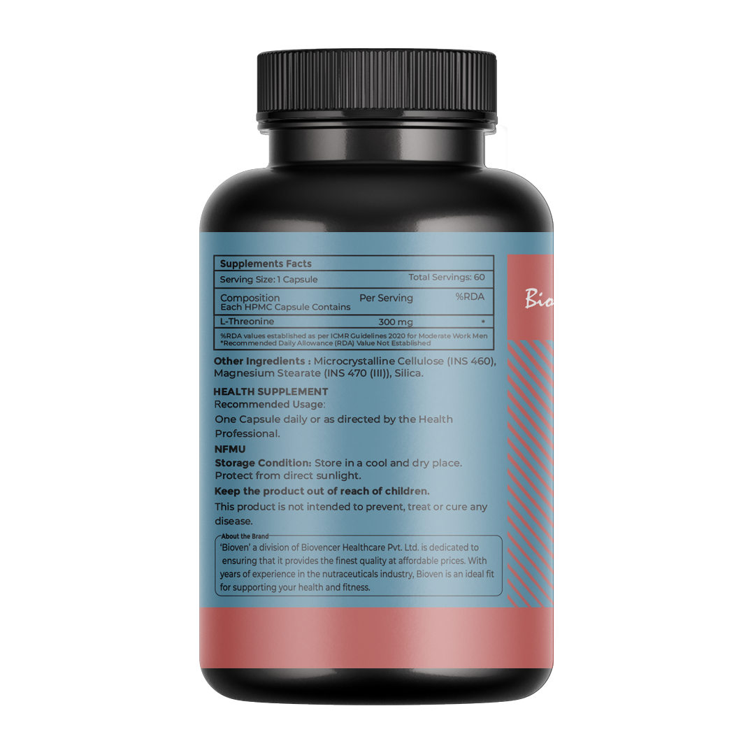 Bioven L-Threonine 60 Veg Capsules – Essential Amino Acid for Gut Health, Immune Support & Protein Synthesis