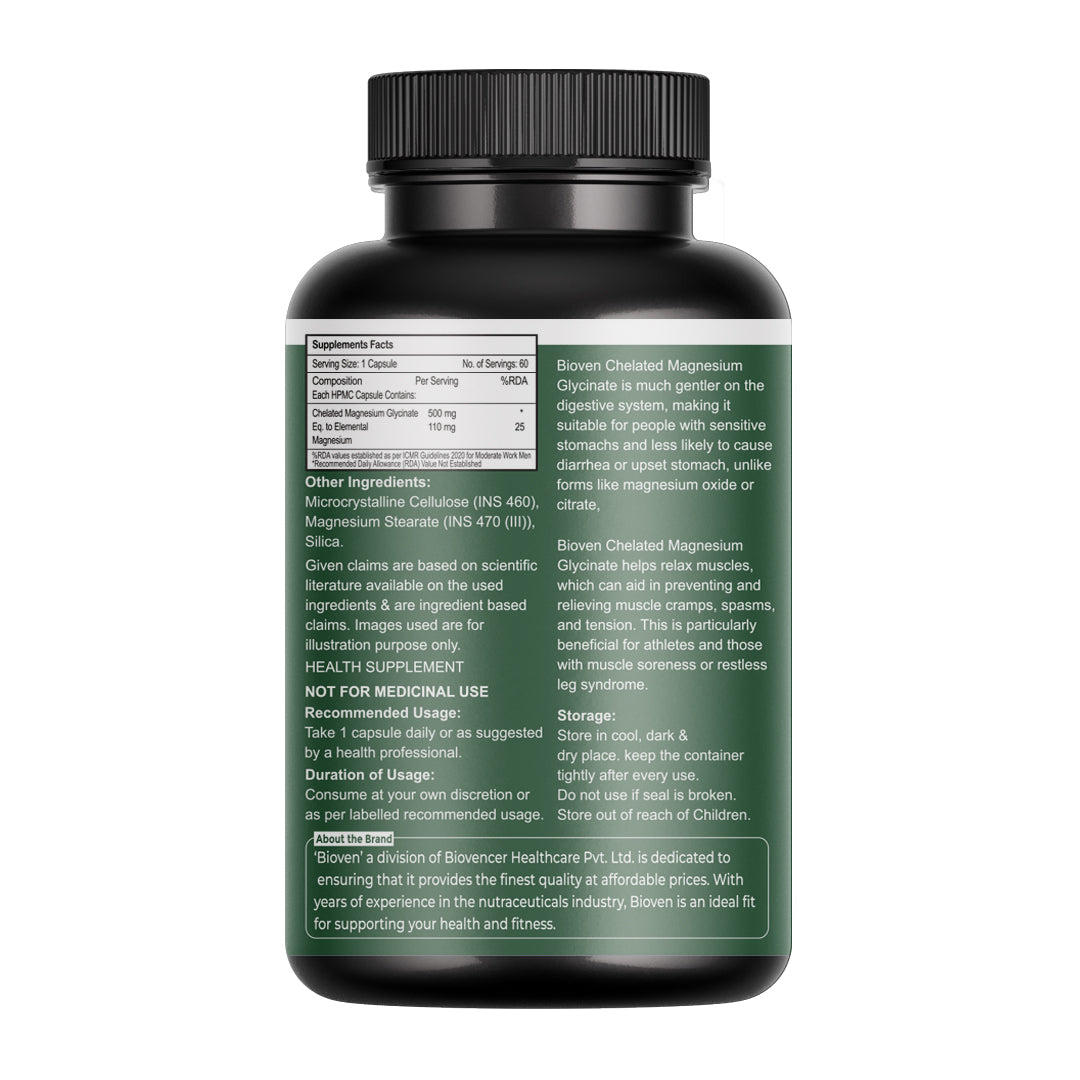 Bioven Magnesium Glycinate 60 Veg Capsules | High Absorption Magnesium Supplement for Muscle Relaxation, Nerve Function, Sleep Support & Bone Health
