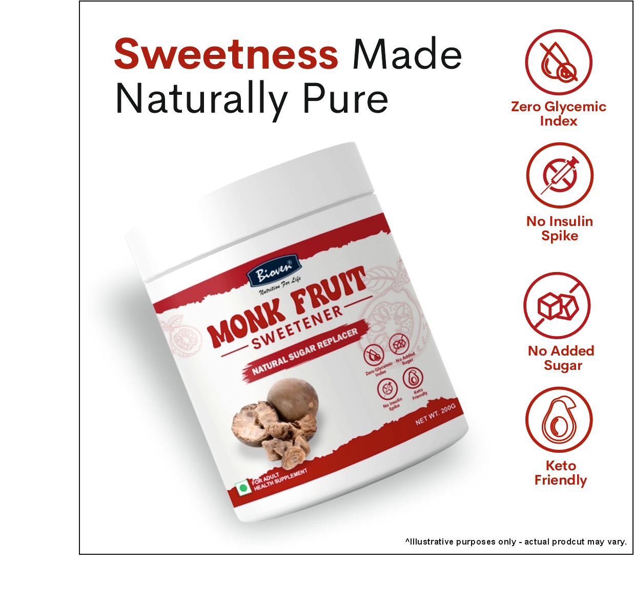 Bioven Monk Fruit Sweetener Powder 200g | Natural Sugar Substitute | Plant-Based Sweetening Alternative | No Added Refined Sugar | Everyday Use