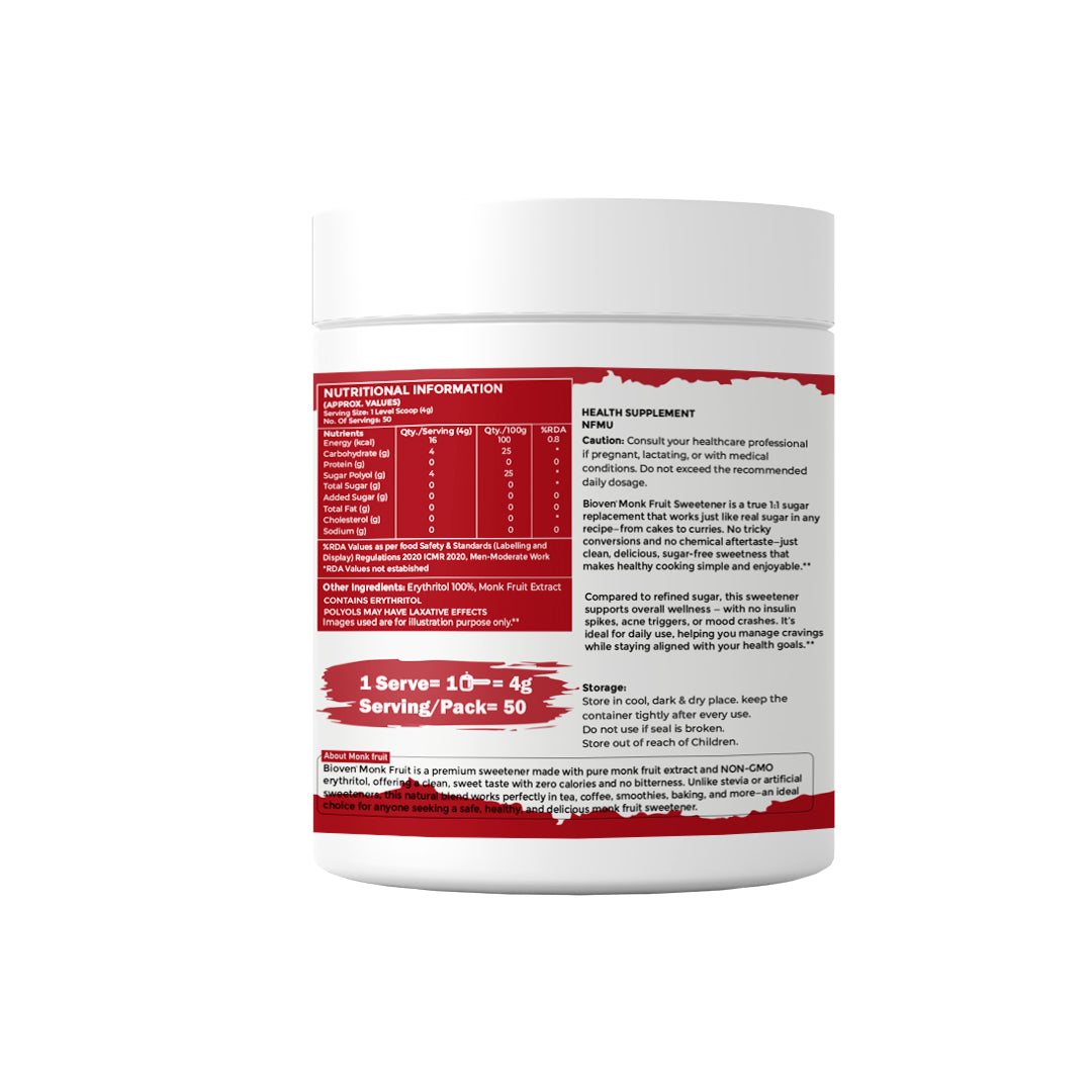 Bioven Monk Fruit Sweetener Powder 200g | Natural Sugar Substitute | Plant-Based Sweetening Alternative | No Added Refined Sugar | Everyday Use