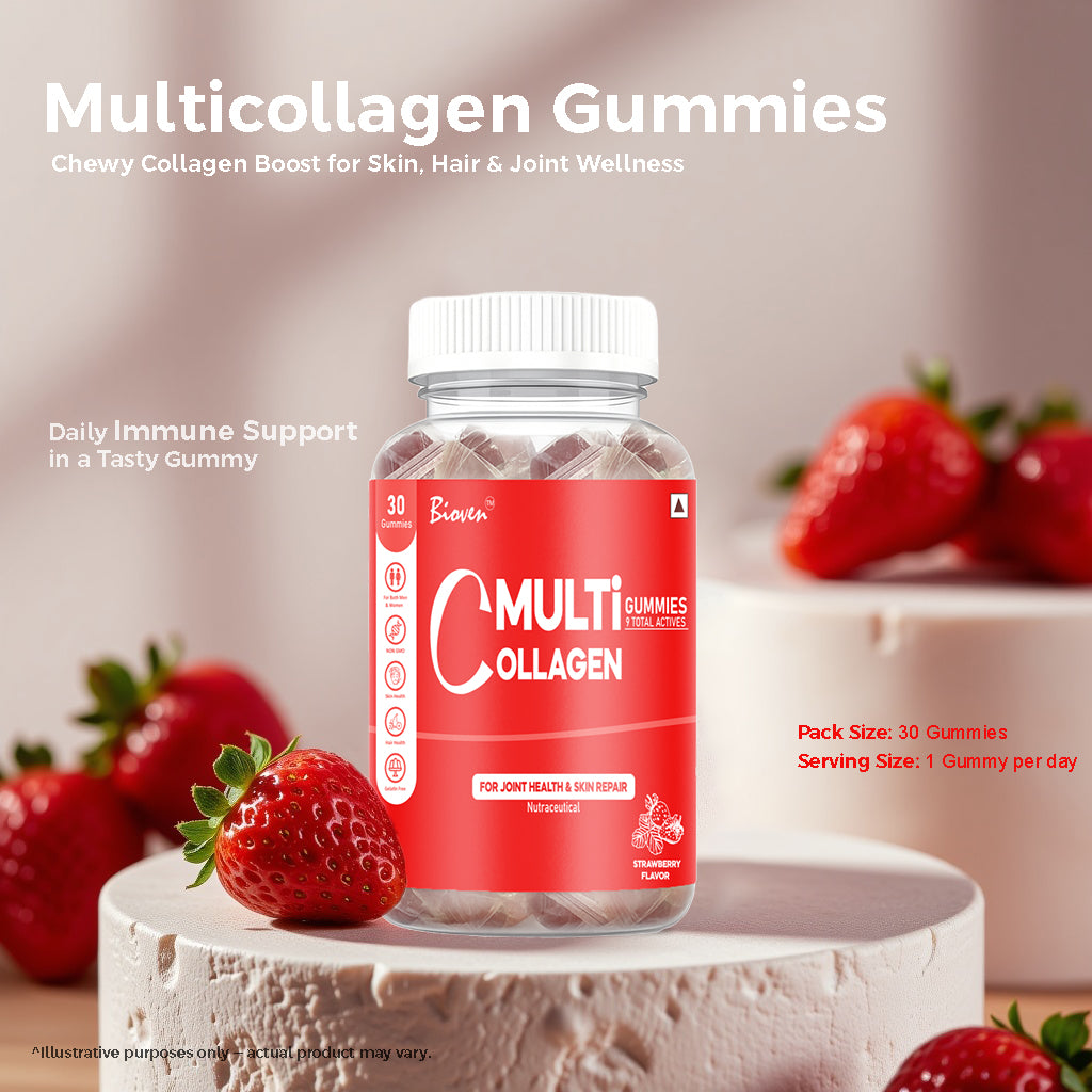 Bioven Multi Collagen Gummies – Collagen Supplement for Skin Glow, Hair Strength, Joint Support & Overall Wellness