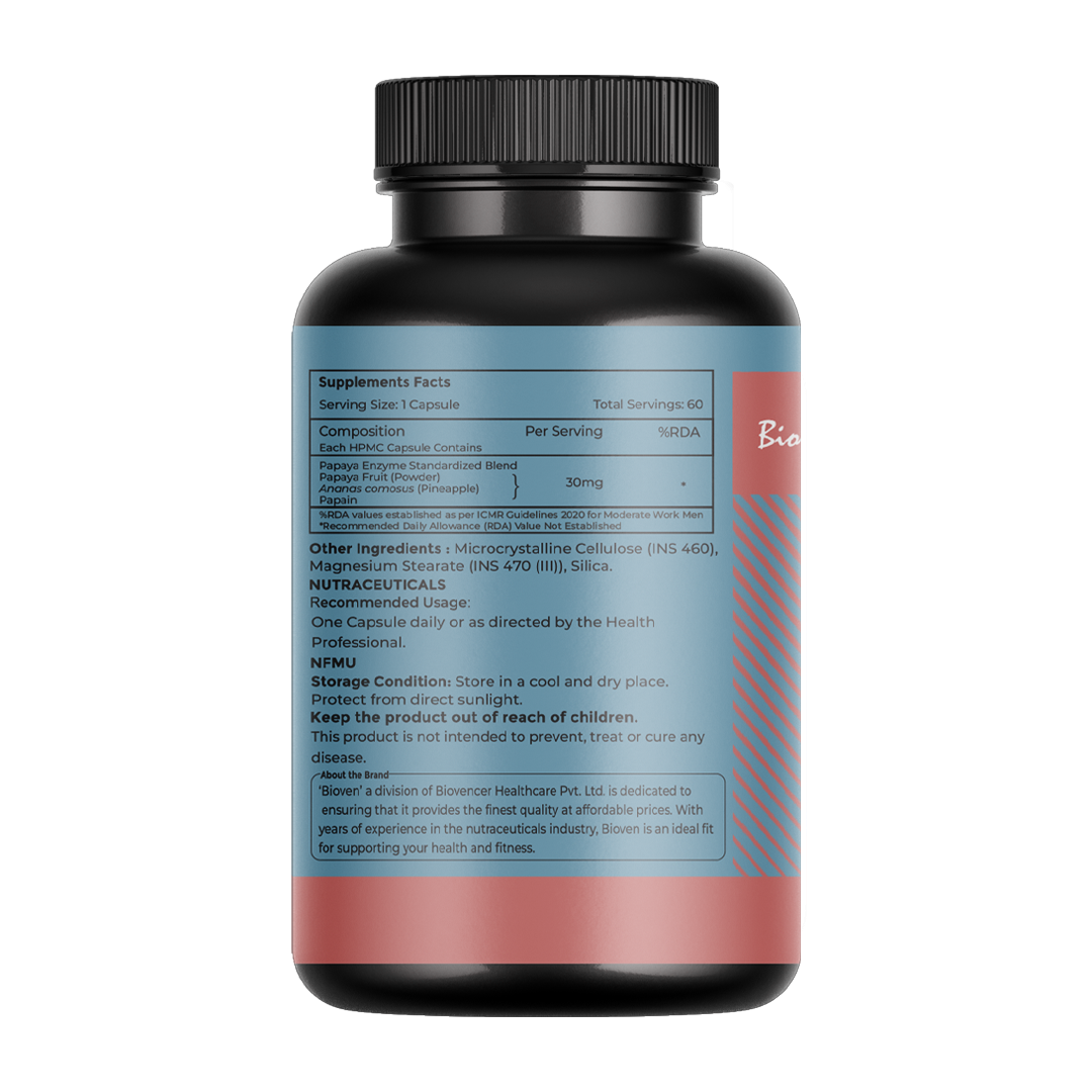 Bioven Papaya Enzyme Capsules – Digestive Enzyme Supplement for Protein Digestion, Gut Comfort & Digestive Health